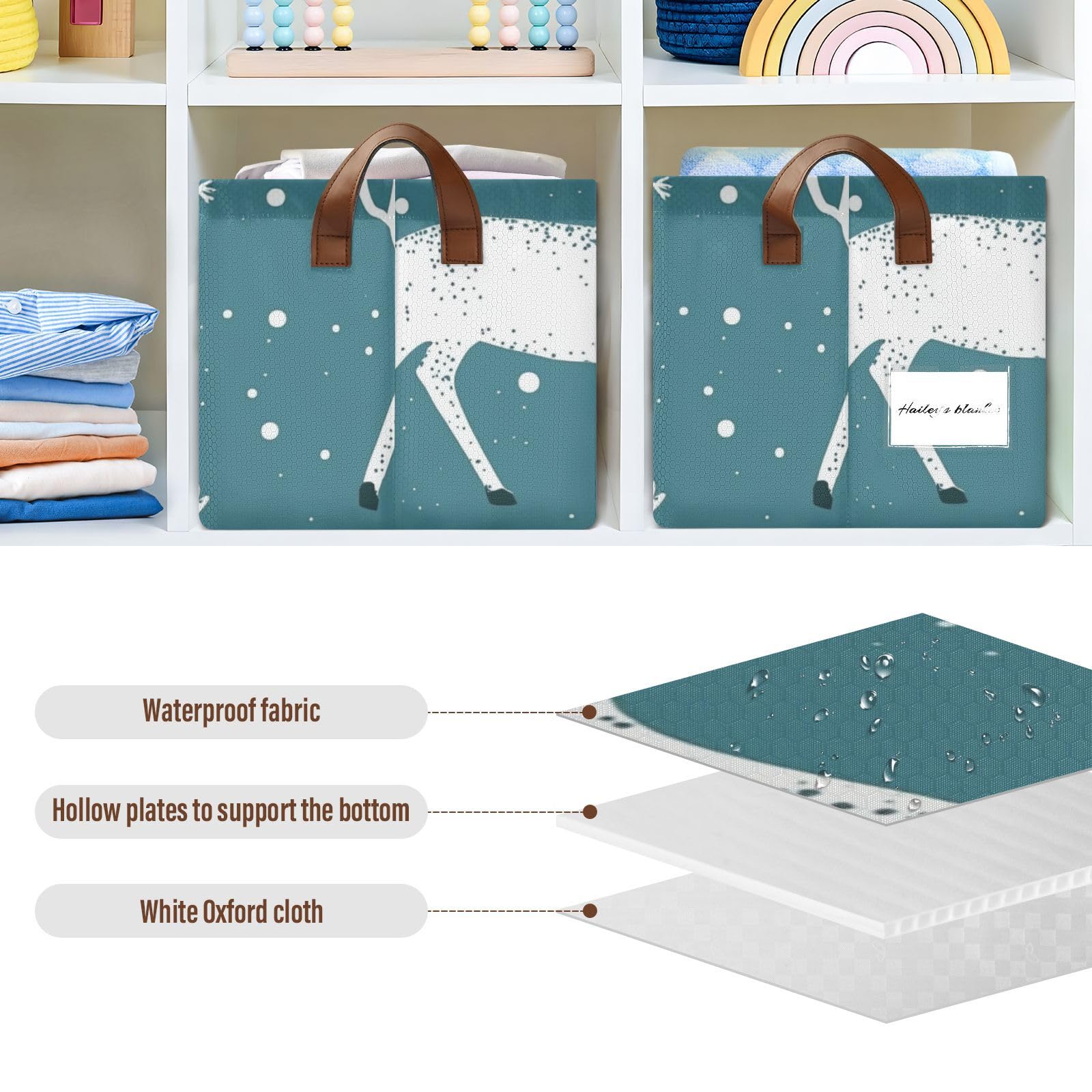 White Merry Christmas Deer Snowflake Fabric Storage Bins with Handles - 2 Pack Organizer Cubes for Shelves, Closet & Wardrobe - Perfect for Holiday Decor & Home Organization