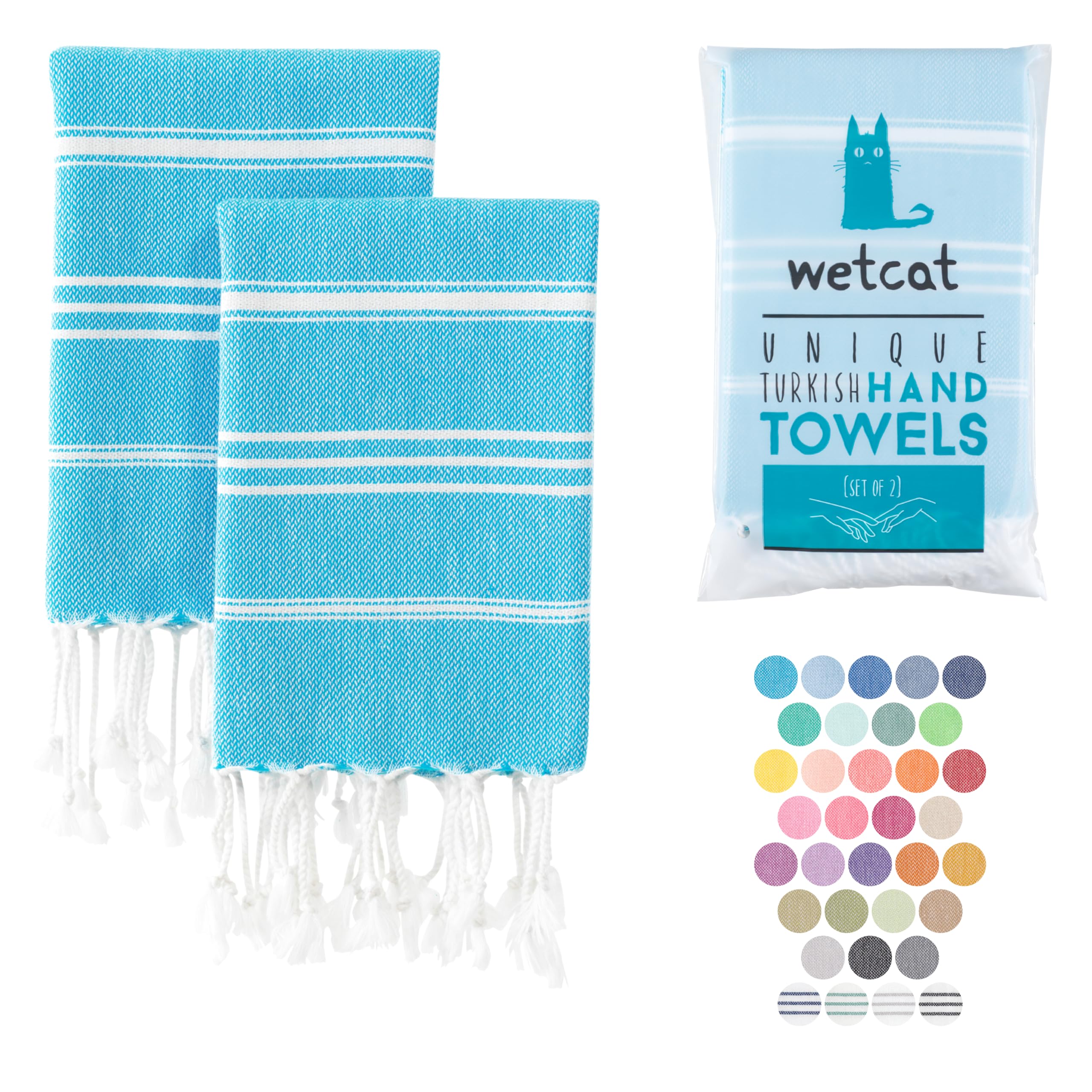 Premium WETCAT Turkish Hand Towels Set of 2 - 100% Turkish Cotton, Pre-Washed & Quick Drying (20