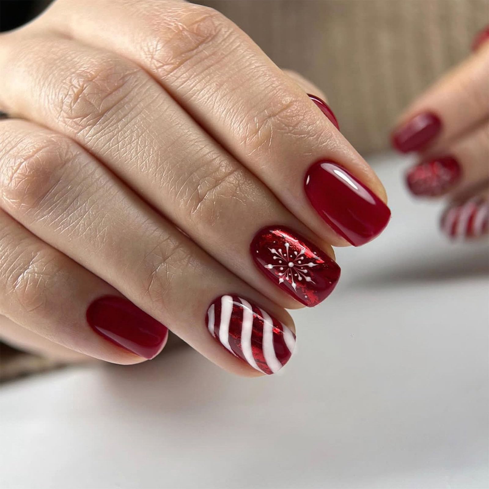 Christmas Press on Nails Short Square - Red Fake Nails with Snowflake & Candy Stripe Design - 24PCS Glossy Acrylic Full Cover False Nails - Winter Xmas Glue on Nails for Women & Girls - Perfect for Holiday Parties, Gift Giving & Festive Nail Art