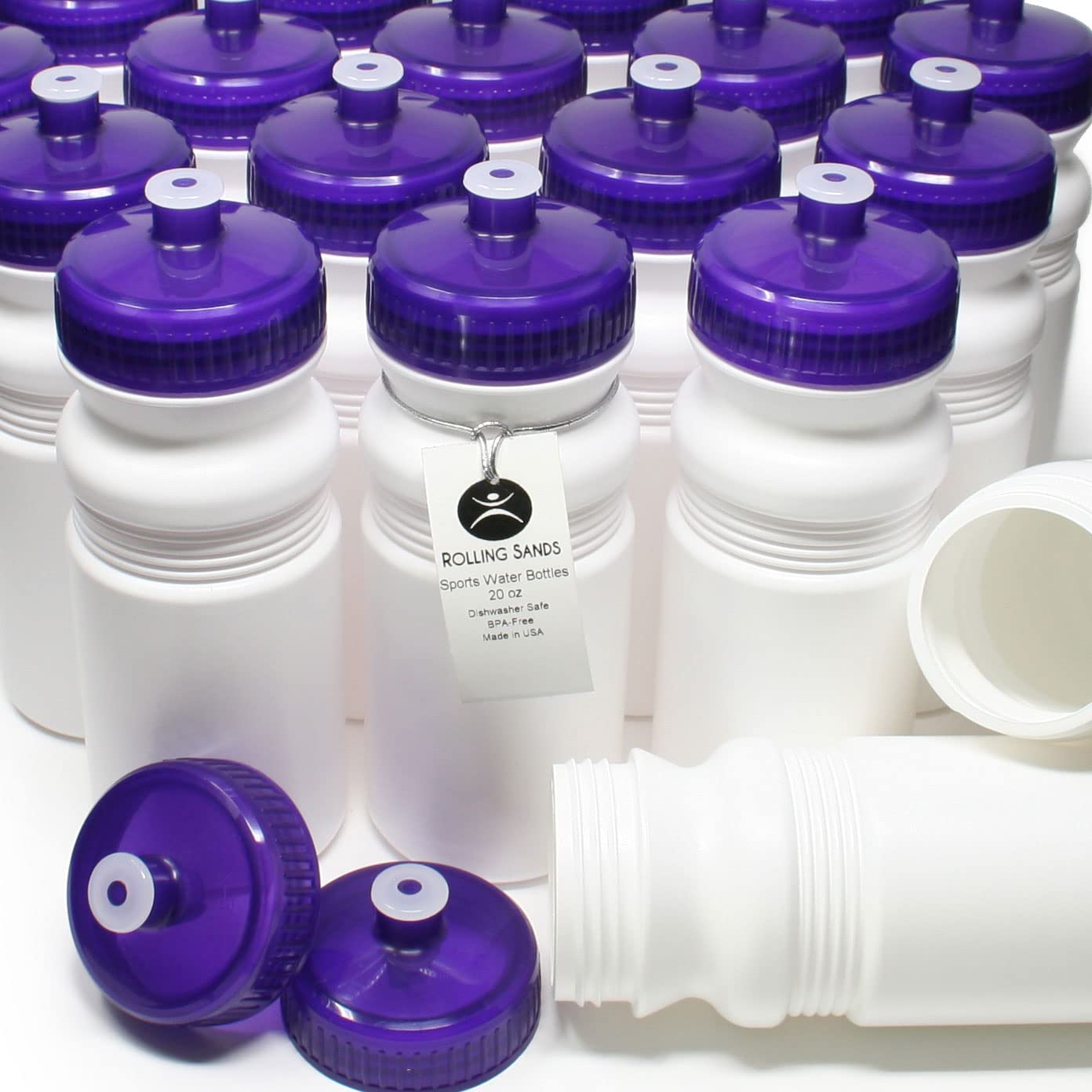 Rolling Sands 20oz BPA-Free Sports Water Bottles 100 Pack - Dishwasher Safe, Made in USA - Perfect for Gyms, Schools, Teams & Outdoor Activities