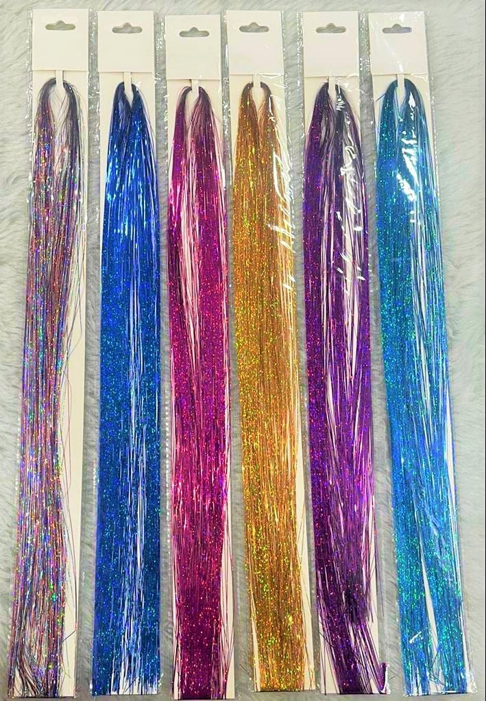 6pcs Hair Tinsel Extensions (40 Inch, 6 Colors, 2400 Strands) - Shimmery Fairy Hair Glitter for Highlights & Party Hairstyles - Perfect for Festivals, Weddings & Special Occasions
