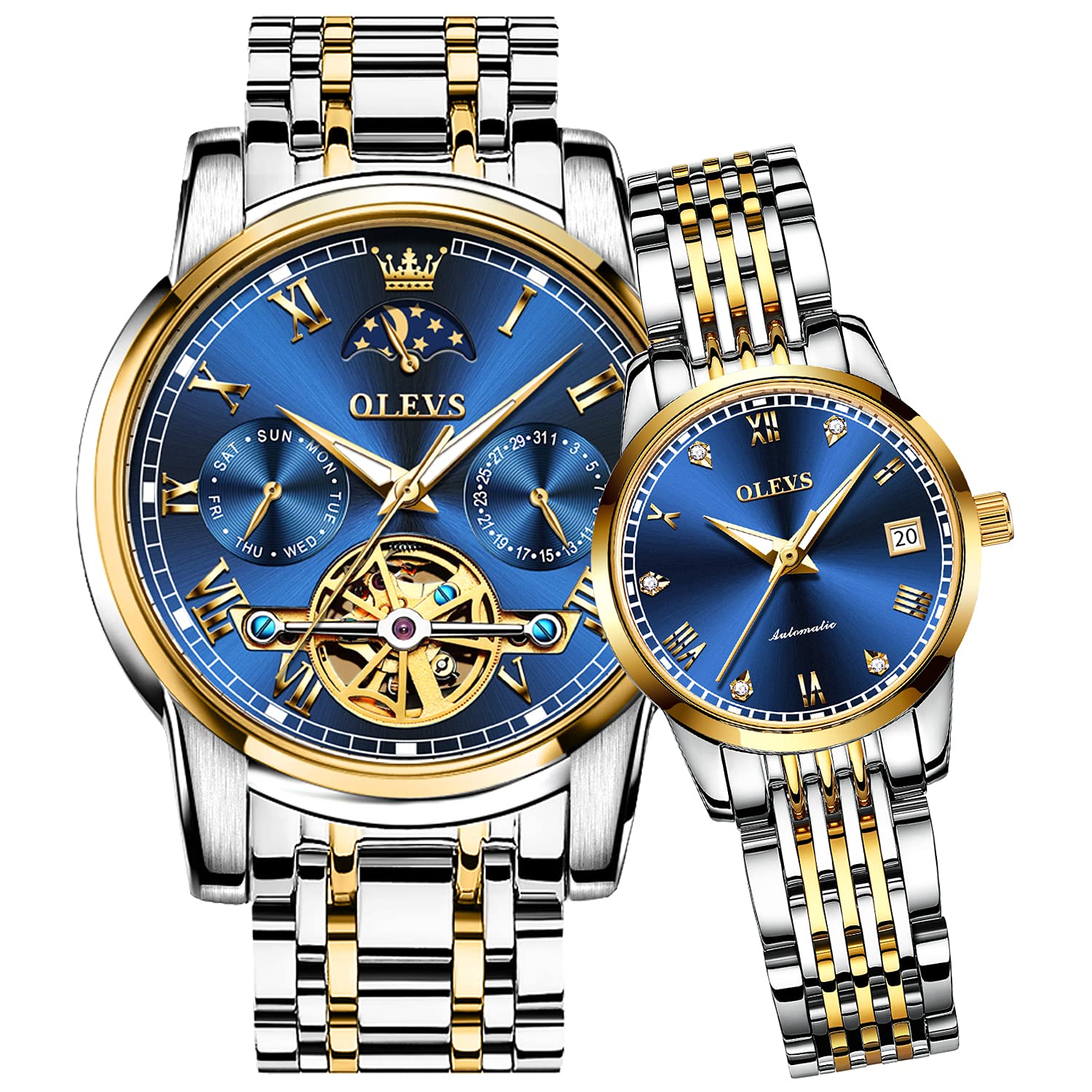 OLEVS Automatic Couple Watches for Men and Women - His and Hers Matching Mechanical Self-Winding Tourbillon Dress Watches with Day Date Calendar, Big Face, Two Tone - Perfect Anniversary Gift for Couples, Wedding, Valentine's Day & Special Occasions