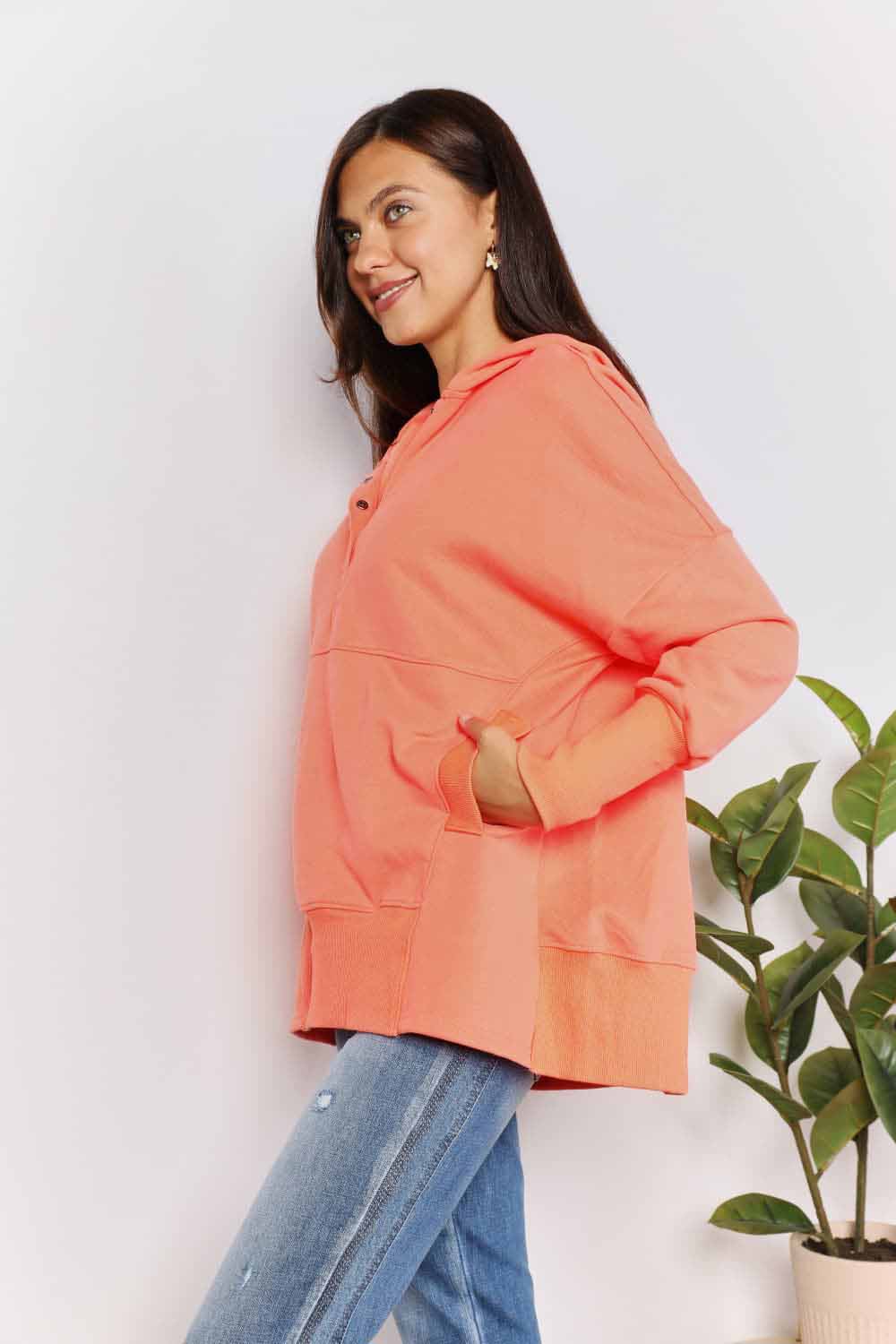 Quarter Snap Dropped Shoulder Hoodie in Tangerine | Trendy Oversized Pullover Sweatshirt for Women & Men | Perfect for Casual Wear, Street Style & Loungewear