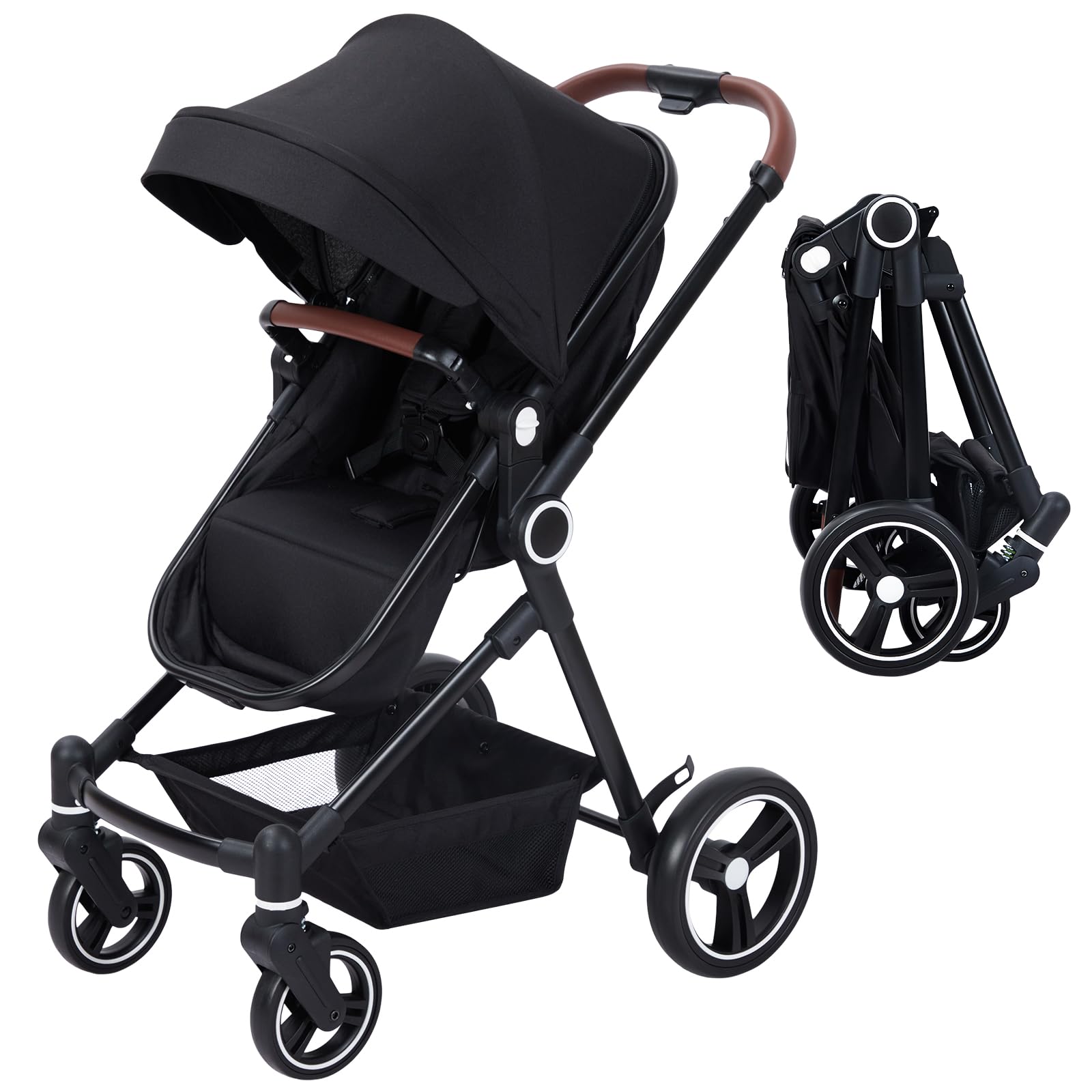 2 in 1 Baby Stroller with Reversible Bassinet - Lightweight Infant Stroller with One-Hand Fold, Reclining Seat & XL Canopy - Perfect for Newborns & Toddlers - Ideal for Park Walks, Shopping & Travel - Black