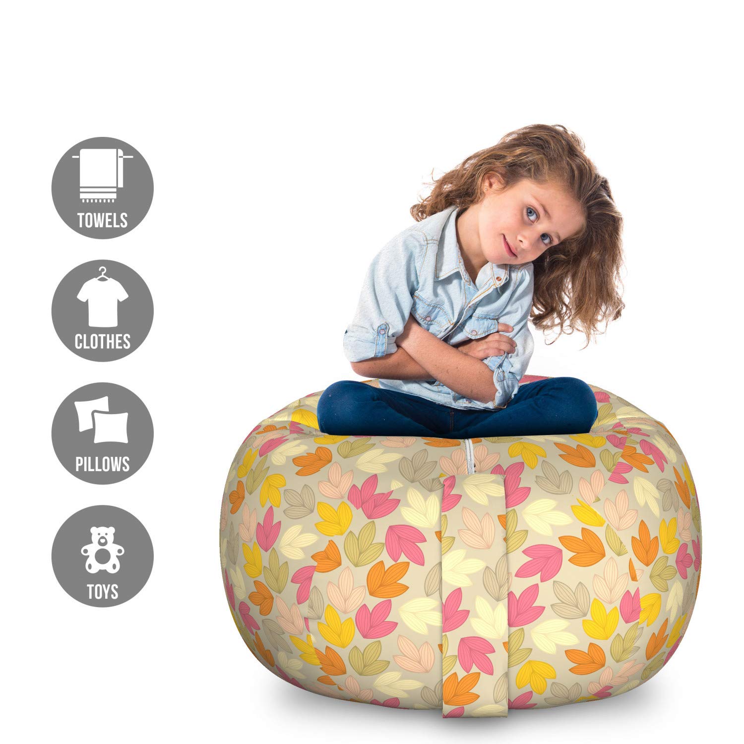 Ambesonne Orange and Yellow Storage Toy Bag Chair - Large Washable Stuffed Animal Organizer with Autumn Nature Leaf Pattern | Perfect for Kids' Room, Playroom & Dorm Organization