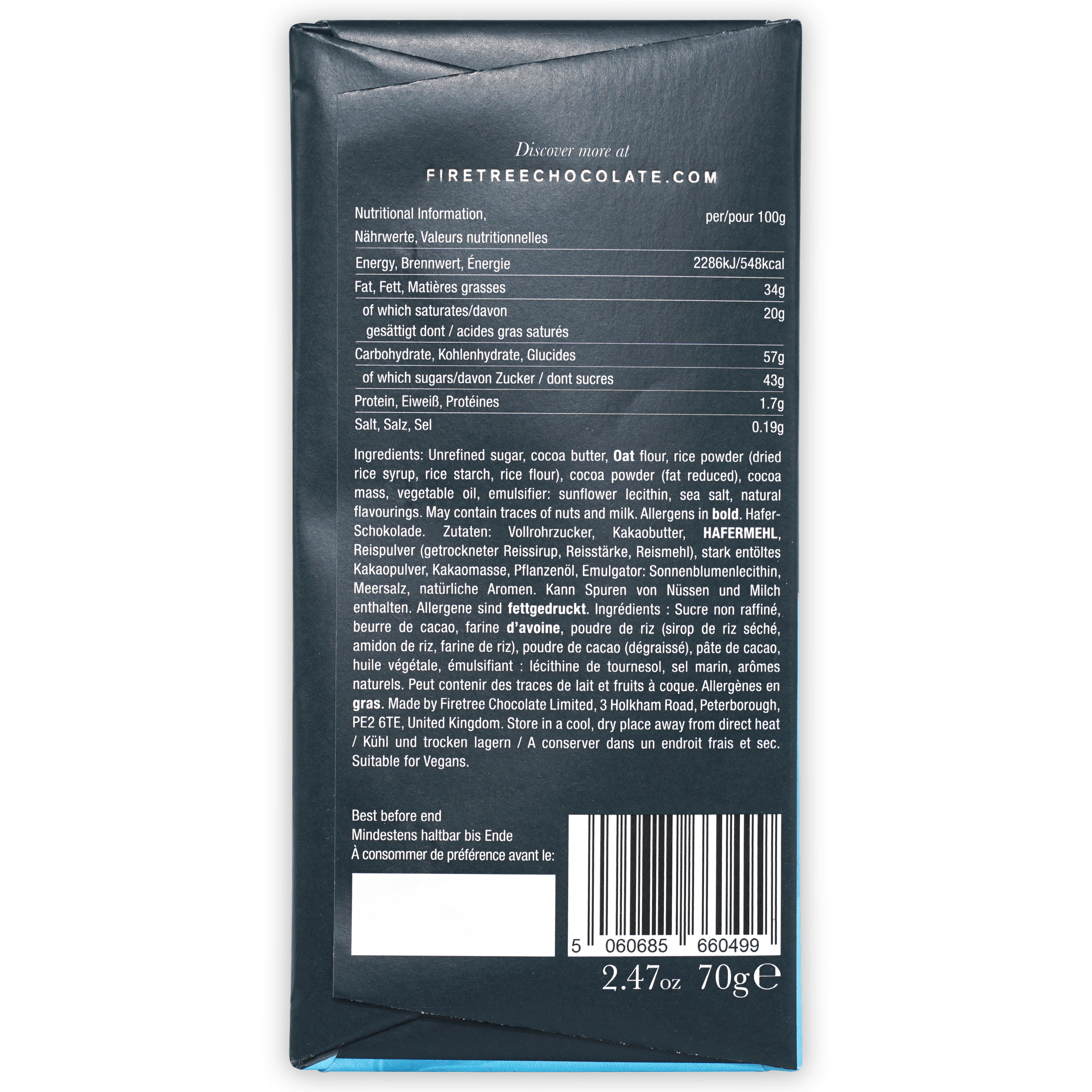 Firetree Vegan Oat Milk Chocolate Bars - Dairy Free, Gluten Free, Plant Based Dark Chocolate Snacks - Perfect for Vegan Desserts, Healthy Treats & Gift Giving