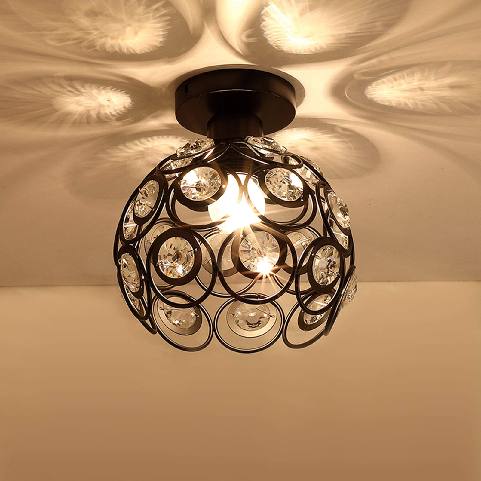 Elegant Black Mini Chandelier Light Fixture - Handmade Crystal Ceiling Lamp with Metal Frame | Semi-Flush Mount Hallway Lighting for Foyer, Entryway, Closet & Indoor Spaces | Perfect for Home Decor, Dining Room Ambiance & Bedroom Accent Lighting