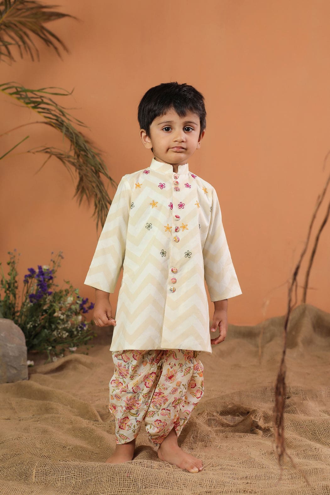 Pre Order Boys Embroidered Dhoti Set - Beige Ethnic Outfit for Festivals, Weddings & Cultural Events
