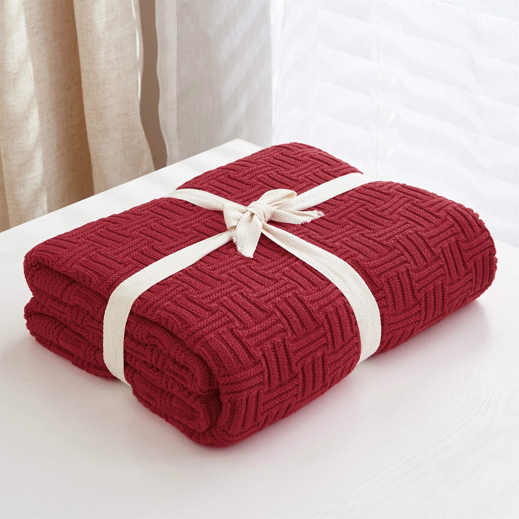 Soft Red Cable Knit Throw Blanket - 50x60 Inch Cotton Knitted Blanket for Couch, Sofa, Bed & Beach - Cozy Lightweight Decorative Blanket for Home, Travel & Outdoor Use