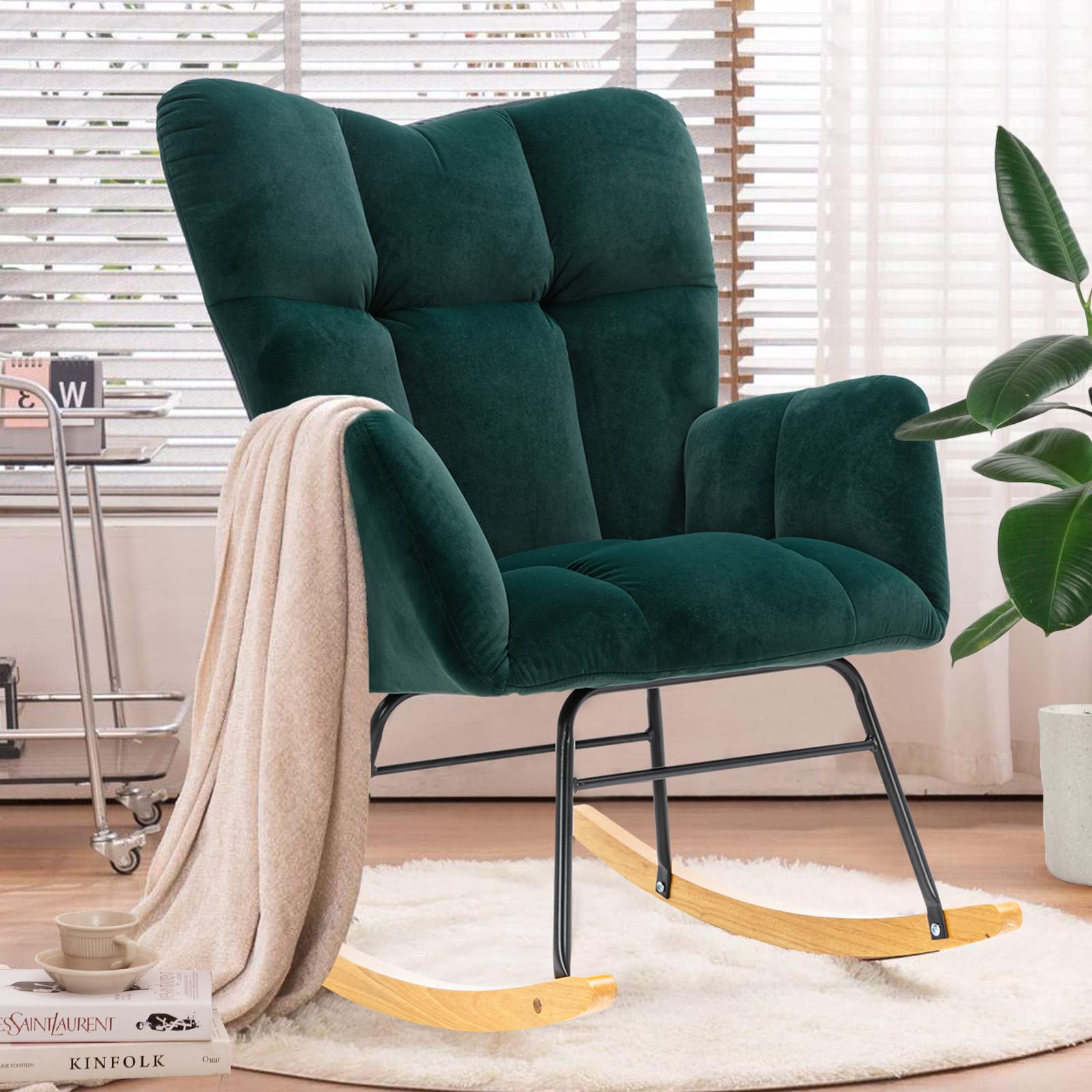 NIOIIKIT Velvet Upholstered Nursery Rocking Chair - High Back Glider Rocker with Padded Seat - Comfortable Accent Armchair for Living Room, Bedroom & Nursery - Perfect for Nursing, Relaxing & Reading (Green Velvet)