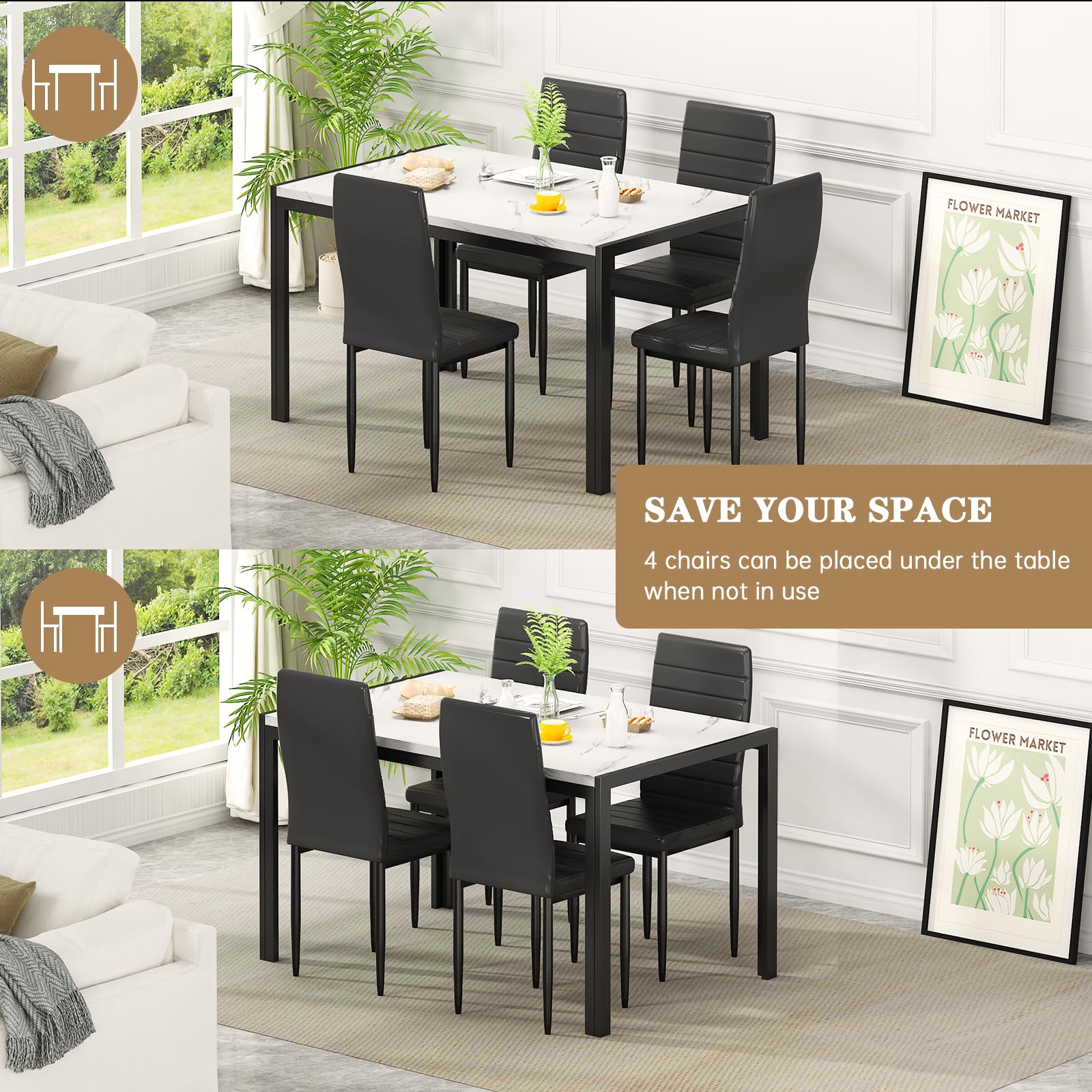 Recaceik 4-Piece Dining Table Set with Faux Marble Top & PU Leather Upholstered Chairs - Modern Kitchen Table and Chairs for Small Space, Perfect for Breakfast Nook, Apartment Dining, and Family Meals