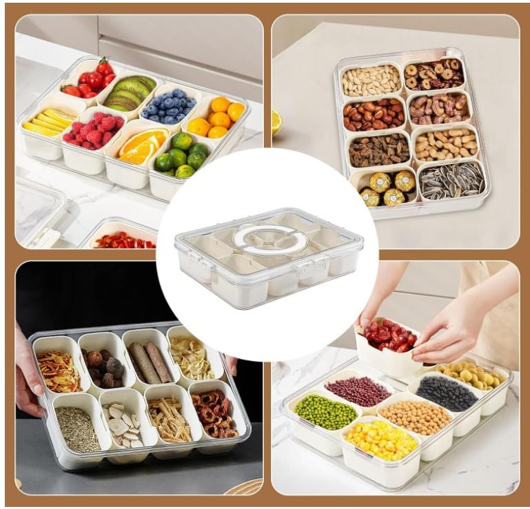 8-Compartment Divided Food Storage Container with Lid & Handle | Clear Portable Snack Box for Lunch, Picnics & Parties | BPA-Free Plastic Snackle Box for Kids & Adults