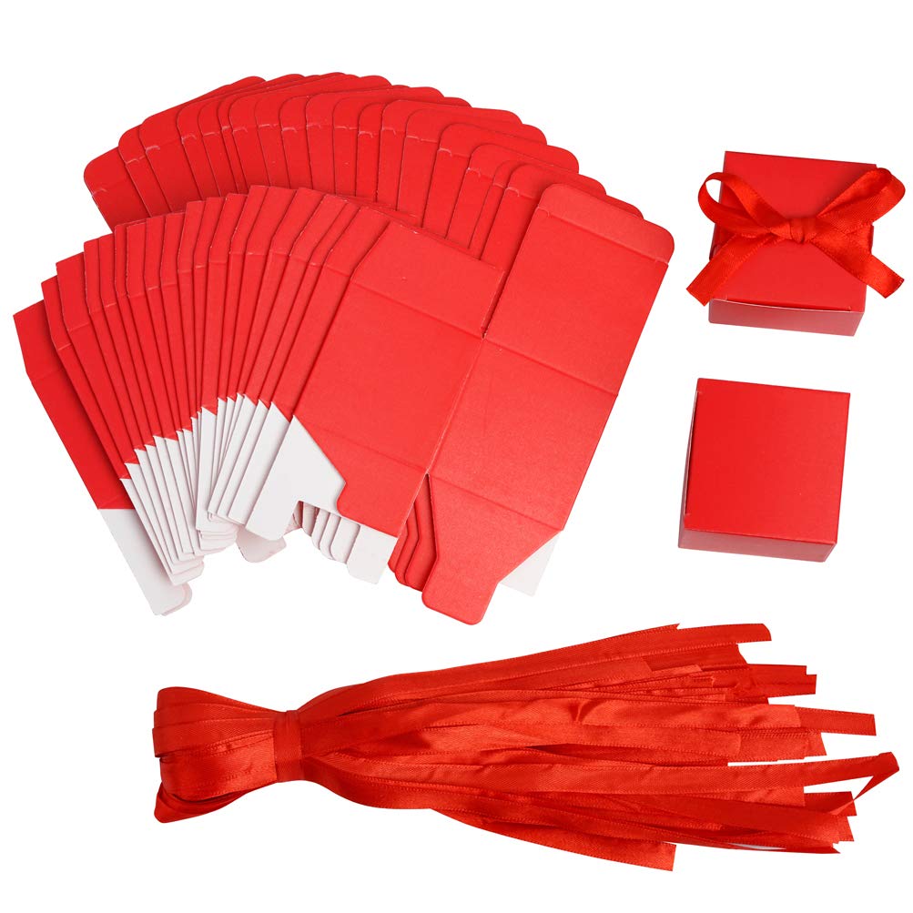 Premium Red Gift Candy Boxes Bulk - 2x2x2 Inches with Elegant Red Ribbon - Pack of 50 - Perfect for Wedding Favors, Birthday Parties & Holiday Gifts