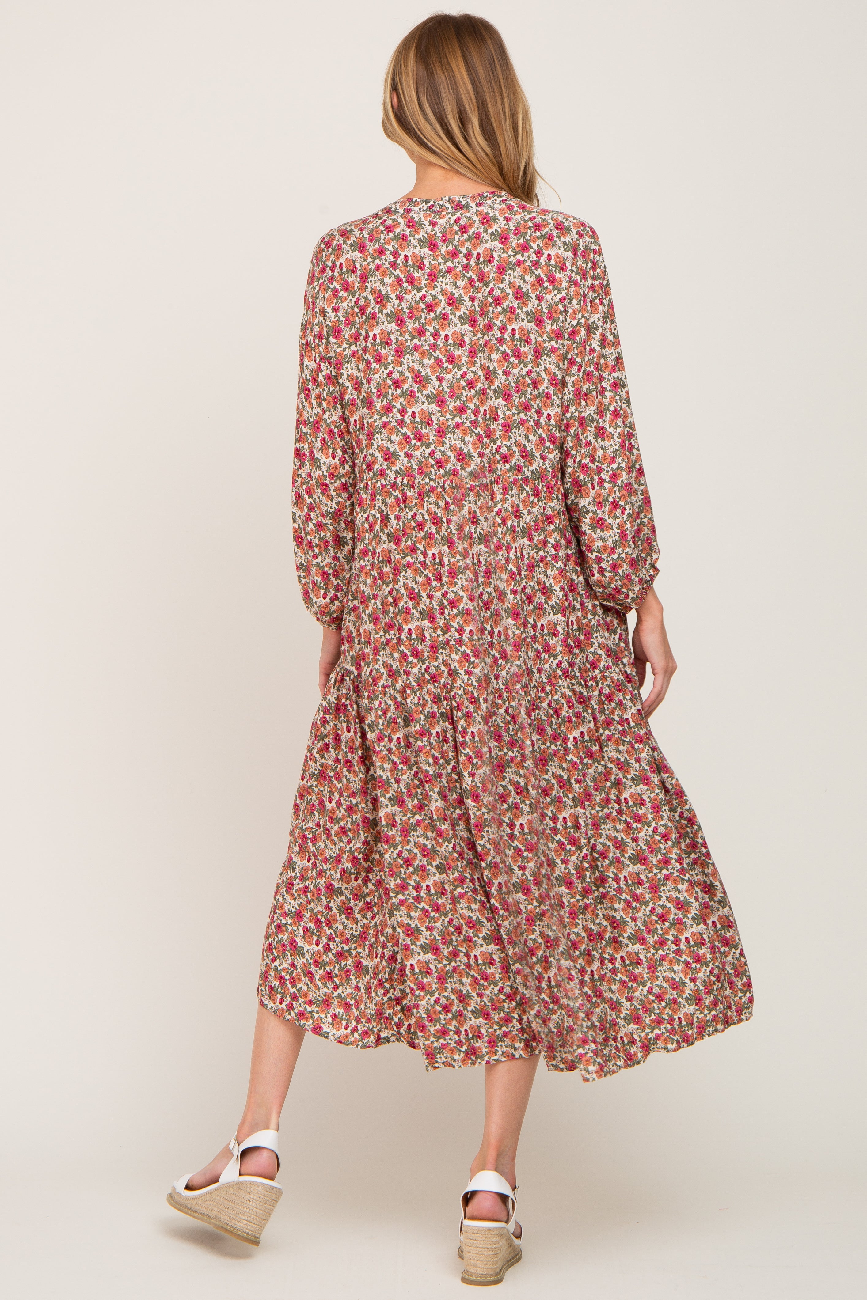 Beige Floral Tiered Midi Dress for Women - Elegant Summer Casual Dress with Pockets | Perfect for Brunch, Date Night & Beach Vacations