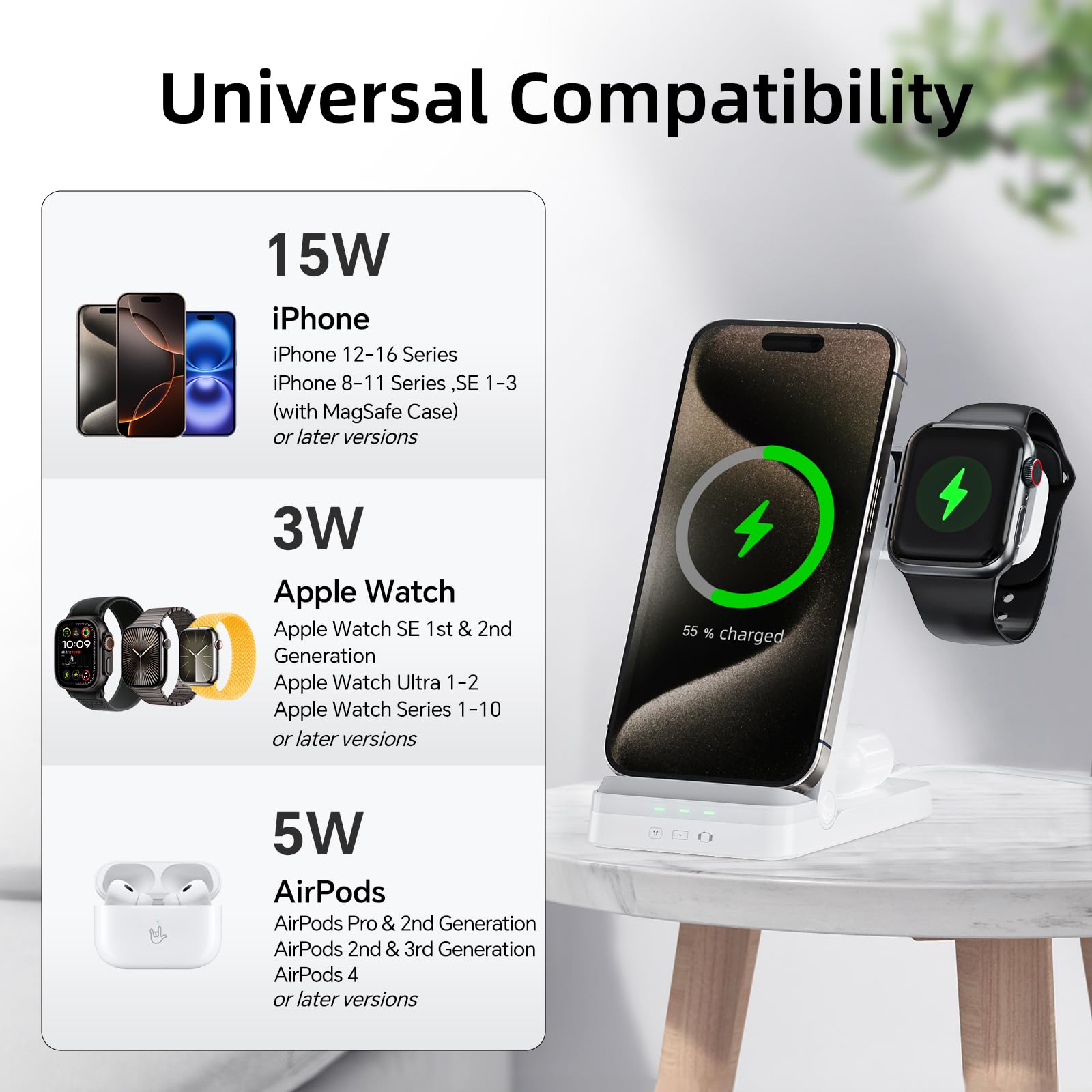 3-in-1 Foldable Fast Wireless Charger for iPhone 15/14/13/12/11 Pro Max/XS/XR/8 Plus, Apple Watch Series 9/8/7/6/5/4/3/2/SE & AirPods Pro 3/2 - Multi-Device Charging Station (White) | Perfect for Home, Office & Travel Use