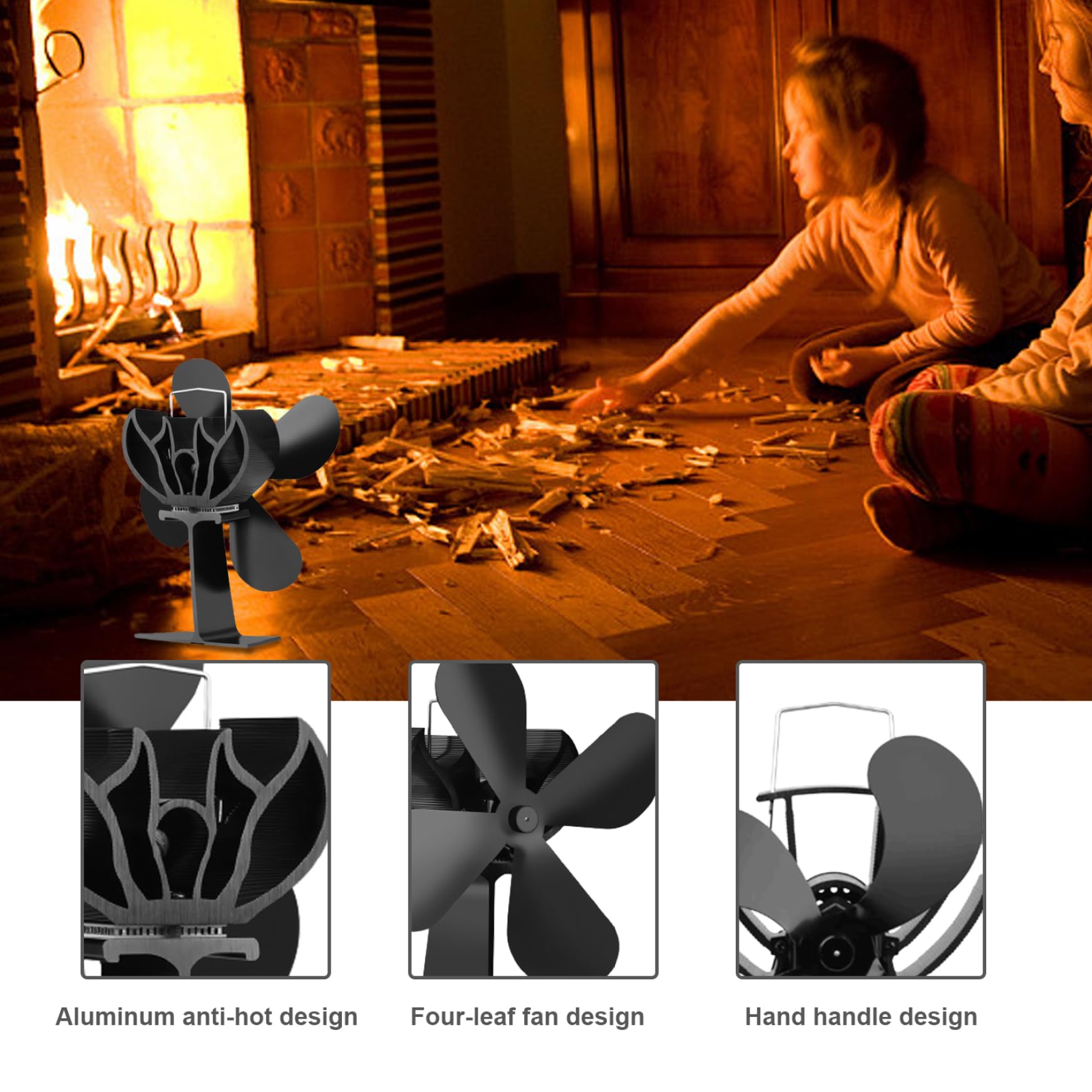 **4-Leaf Heat Powered Wood Stove Fan - 370CFM 1360RPM Silent Energy-Saving Fireplace Blower for Log Burners & Stoves - Perfect for Home Heating & Eco-Friendly Fireplace Circulation**