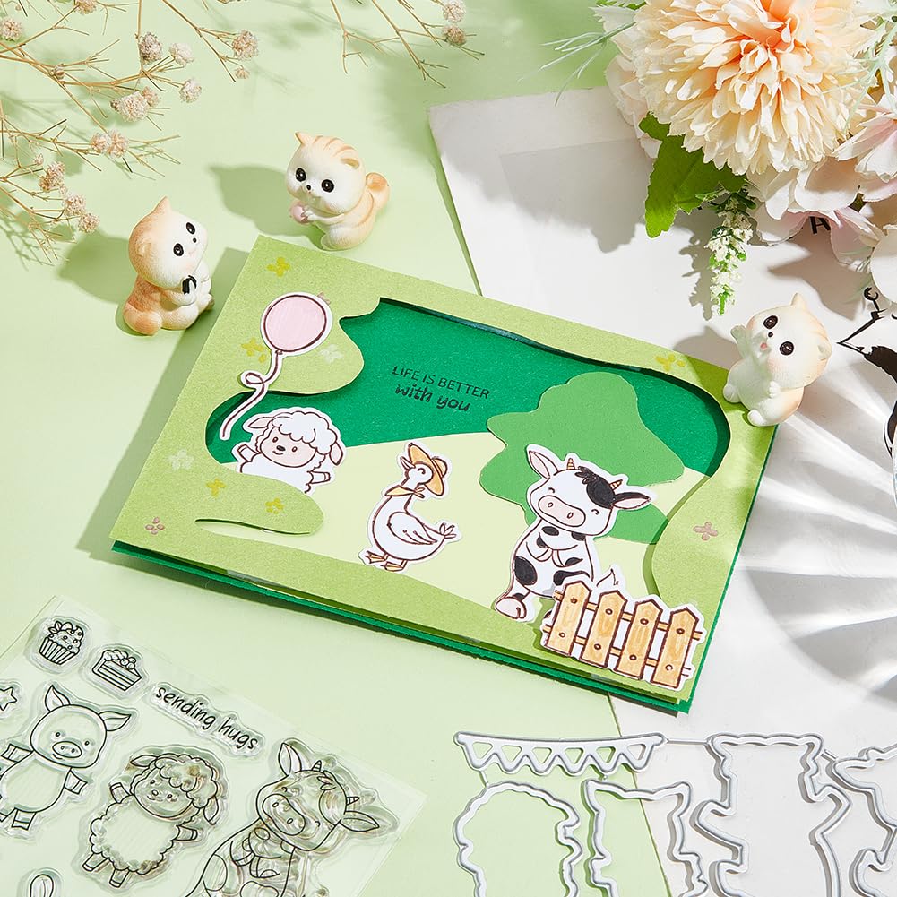 INFUNLY Farm Animal Clear Stamps and Dies Set - Cattle, Rabbit, Transparent Silicone Stamps for Card Making, DIY Crafts, Scrapbooking, Greeting Cards - Perfect for Birthday Cards, Home Decor, and Gift Wrapping