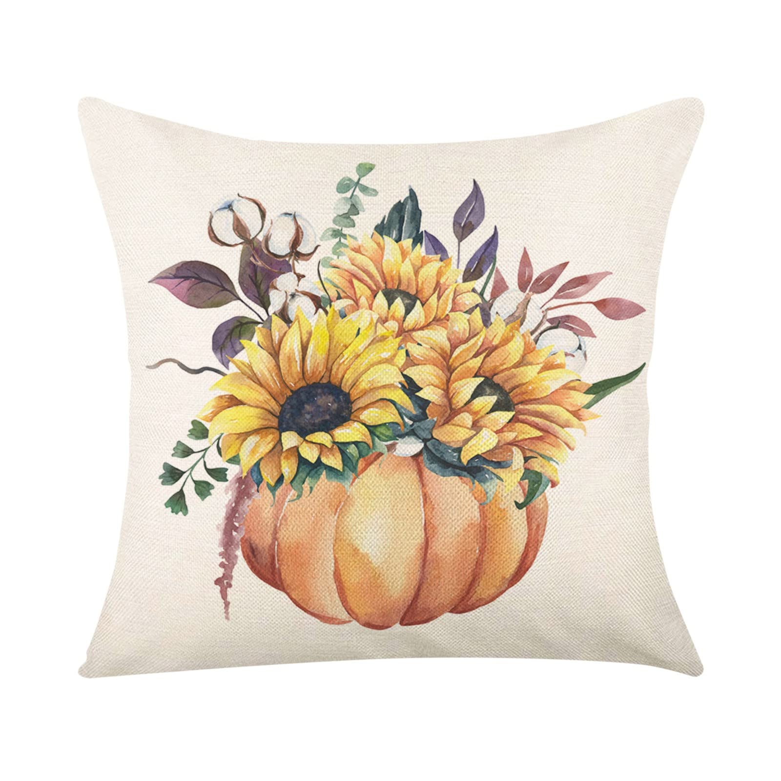 Thanksgiving Pumpkin Sunflower Linen Pillowcase 18x18 Inch - Soft Flax Sofa Cushion Cover for Couch, Living Room & Office Decor - Cotton Letter Pillow Case (45x45cm, Size B)