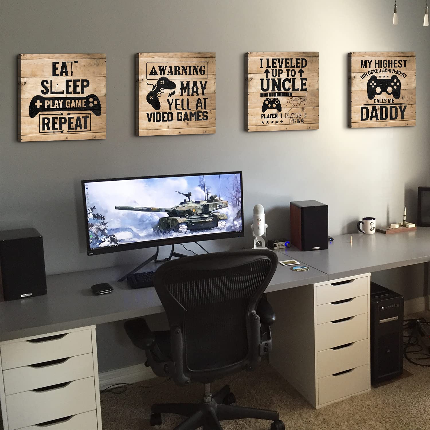12x12 Inch Gaming Wall Art Set of 4 - Kids Room Decor, Boys Bedroom Canvas Posters, Video Game Themed Nursery Paintings, Farmhouse Style Gamer Playroom Decor - Perfect for Birthday Gifts & Gaming Room Wall Decor