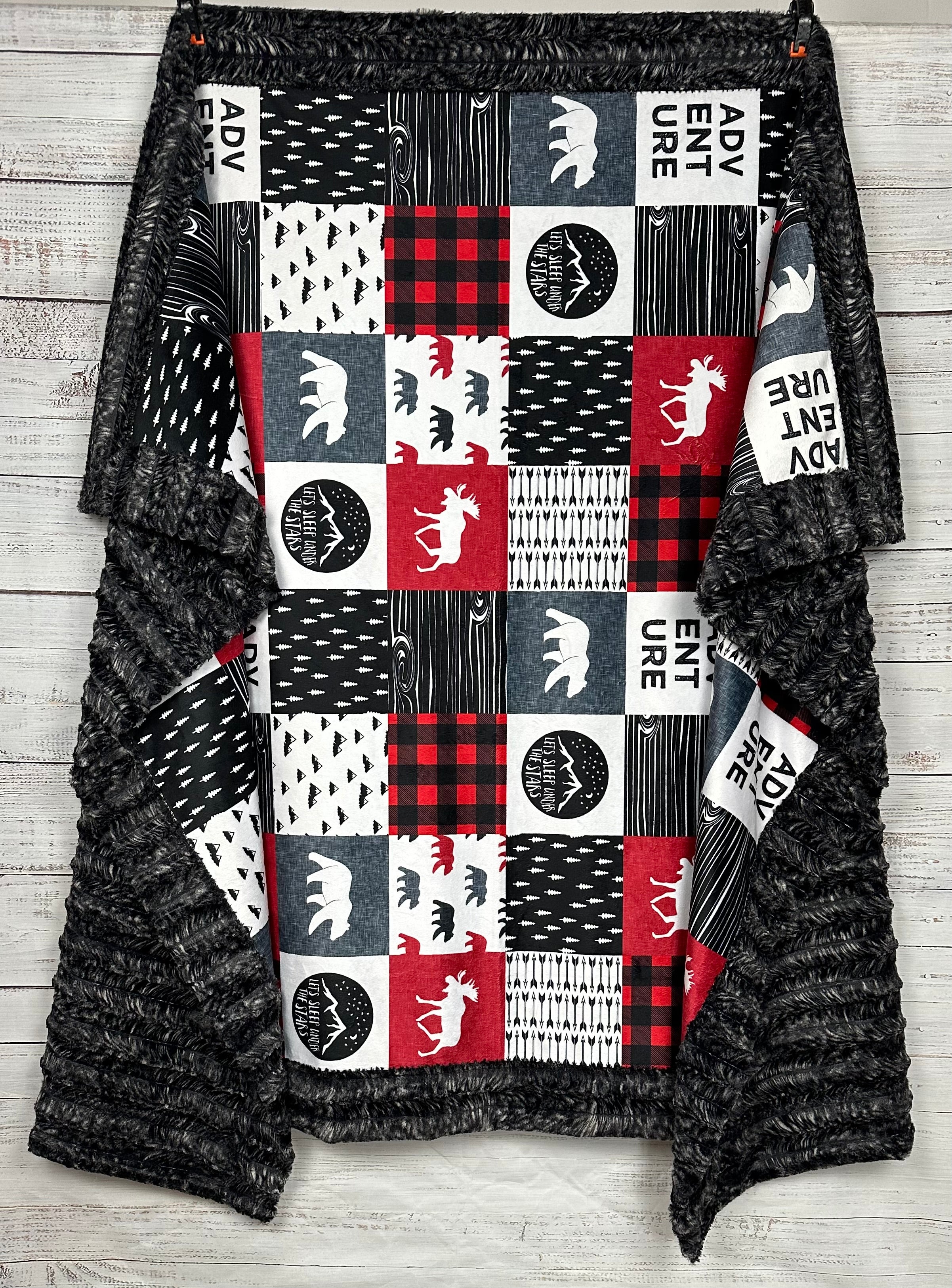 Premium Hawke Luxe Large 54x79 Minky Blanket - Soft & Cozy Red/Black/White Patchwork Design for Camping, Stargazing & Outdoor Adventures