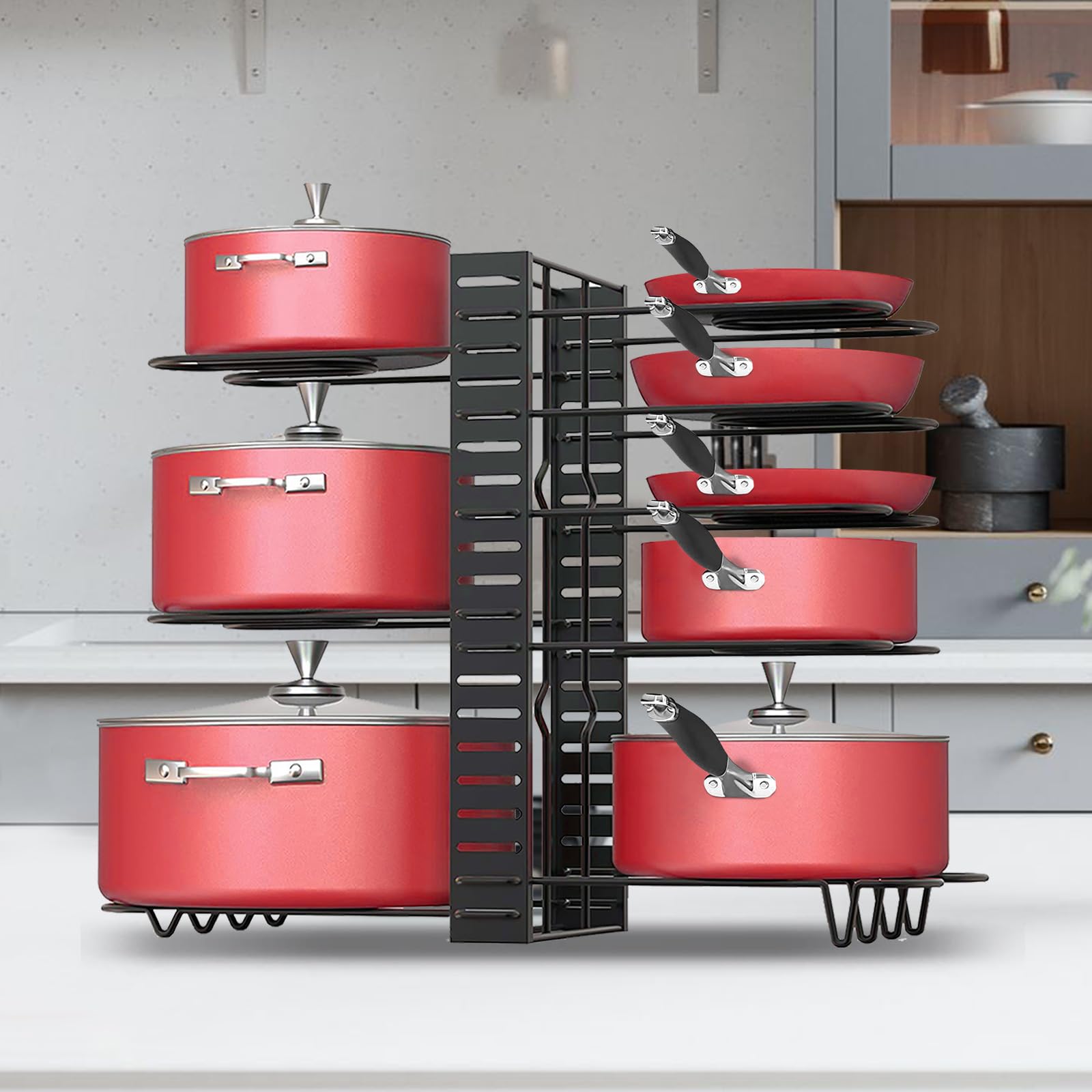 Adjustable 8-Tier Under Cabinet Pot and Pan Organizer - 3 DIY Installation Methods, Enhanced Balance for Kitchen Storage - Perfect for Small Spaces, Apartment Kitchens, and Organized Cooking