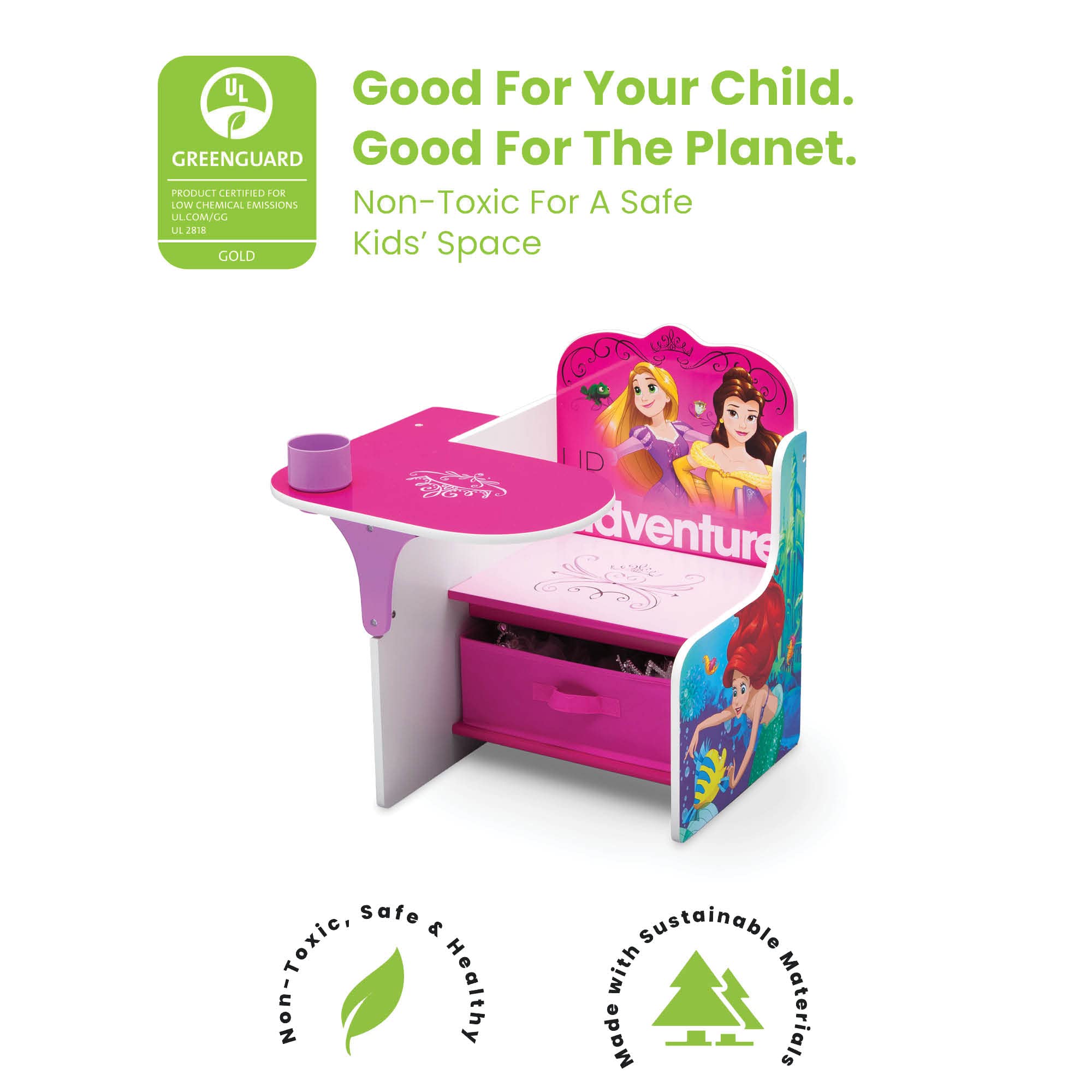 Delta Children Disney Princess Chair Desk with Storage Bin - Kids Study & Play Table for Bedroom, Classroom, or Playroom