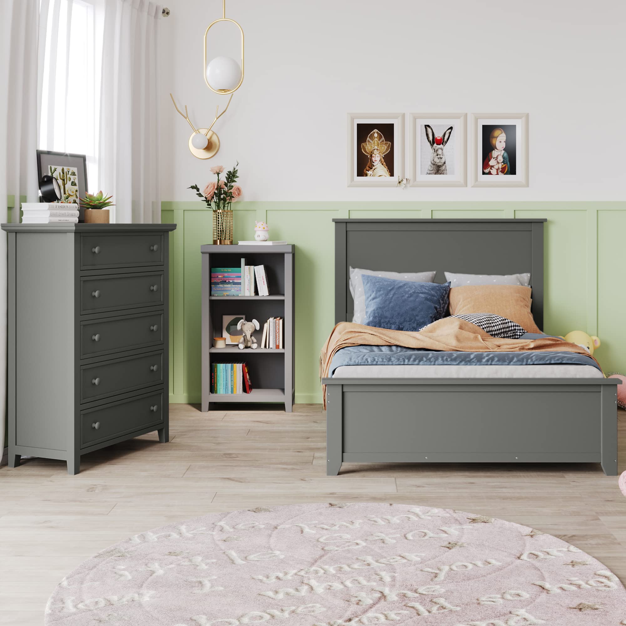 3-Piece Solid Wood Full Bedroom Set with 3-Tier Open Shelf Bookcase & 5-Drawer Chest - Full Size Storage Platform Bed for Kids & Teens (Gray) - Perfect for Small Spaces, Dorm Rooms & First Apartments