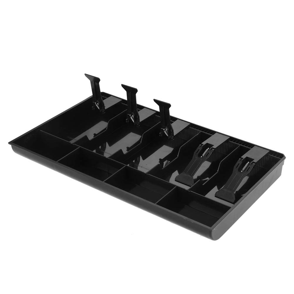 Black Plastic Money Storage Box - 5 Bill & Tray Compartments Cash Drawer Organizer for Retail Stores, Restaurants & Small Businesses | Durable Till Tray for Cash Register & Money Management