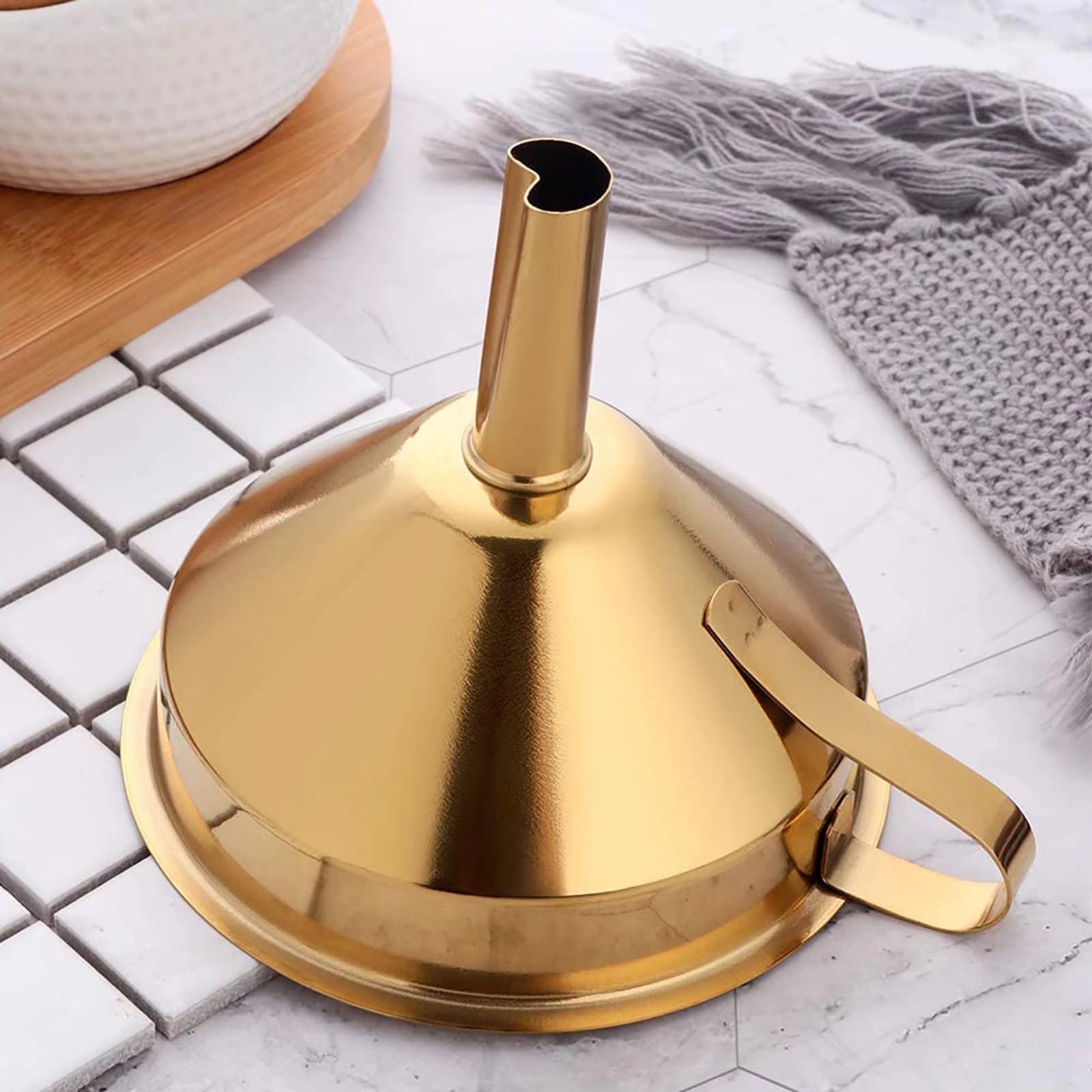 Premium 5-Inch Stainless Steel Kitchen Funnel Set with 2 Detachable Filters & Cleaning Brush - Food Grade Metal Funnel for Liquids, Powders, Oil, Baking, Home Brewing & DIY Projects (Gold)