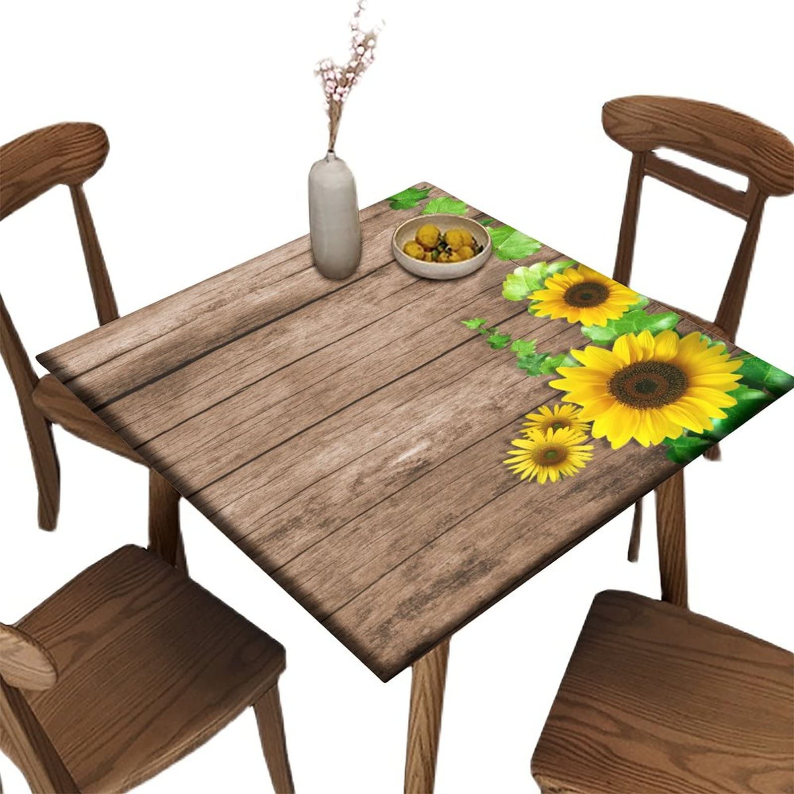 Vintage Rustic Wood Sunflower Square Tablecloth - Elastic Edged Washable Polyester Table Cover for Dining, Picnic, Patio & Outdoor Party Decor - Fits 24x24 Inch Square Table - Perfect for Farmhouse Decor, Spring Gatherings & Outdoor Entertaining