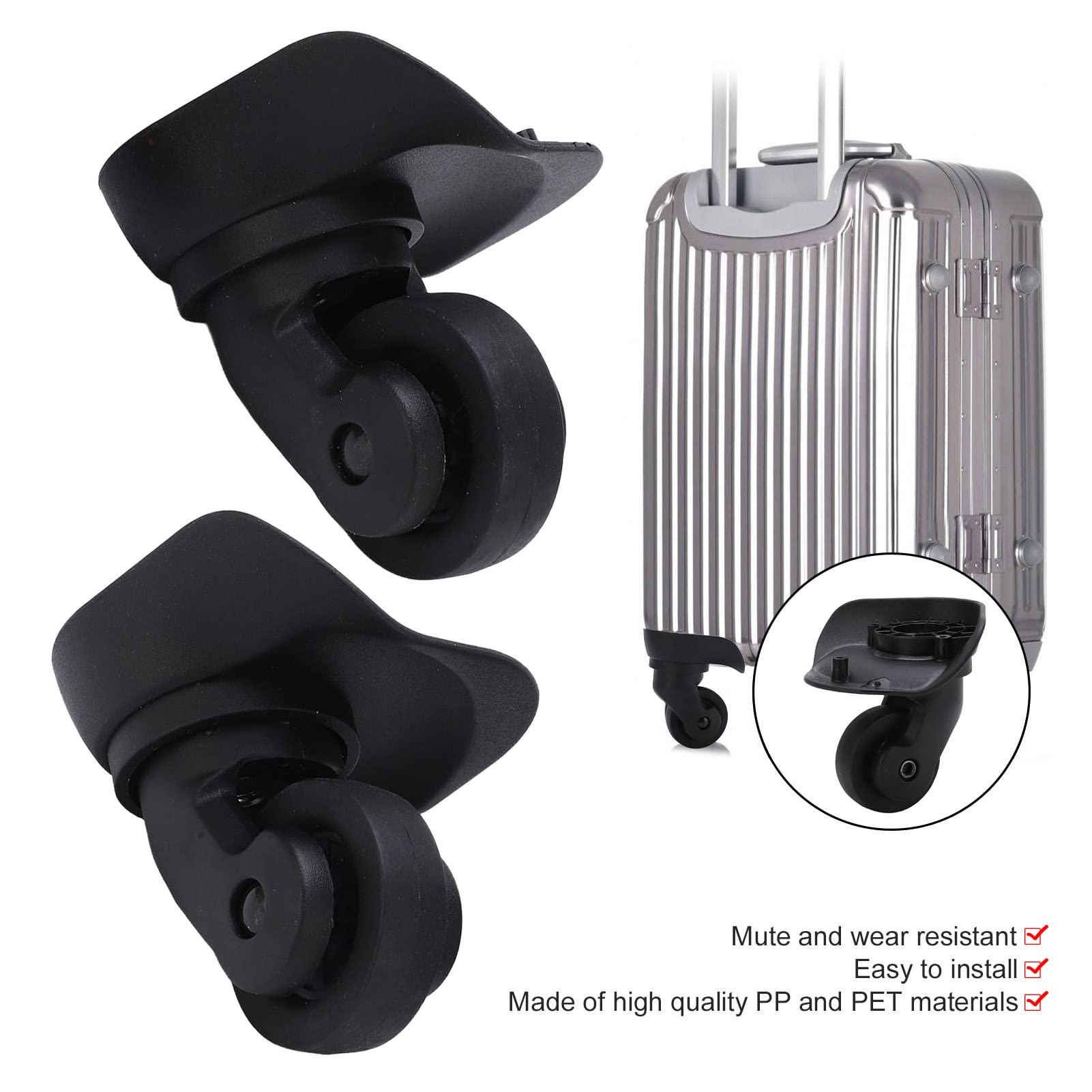 A23 Small Black Luggage Wheels - Silent & Smooth Swivel Casters - PP + PET Material - Easy Installation with Complete Screws Set (2-Pack) - Perfect for Suitcases, Travel Bags & Carry-Ons