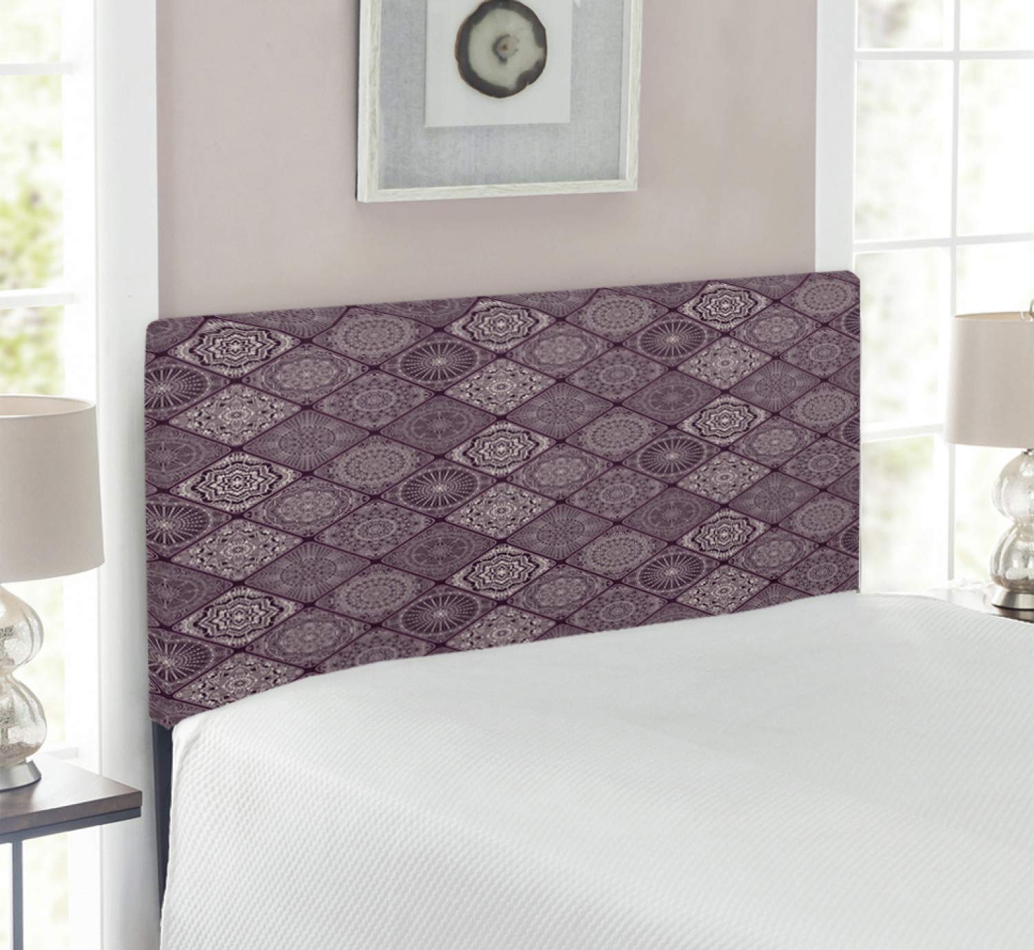 Ambesonne Mandala Headboard - Vintage Oriental Design with Square Frames & Memory Foam Upholstery | Twin Size Eggplant White | Perfect for Boho Bedroom Decor & Meditation Spaces