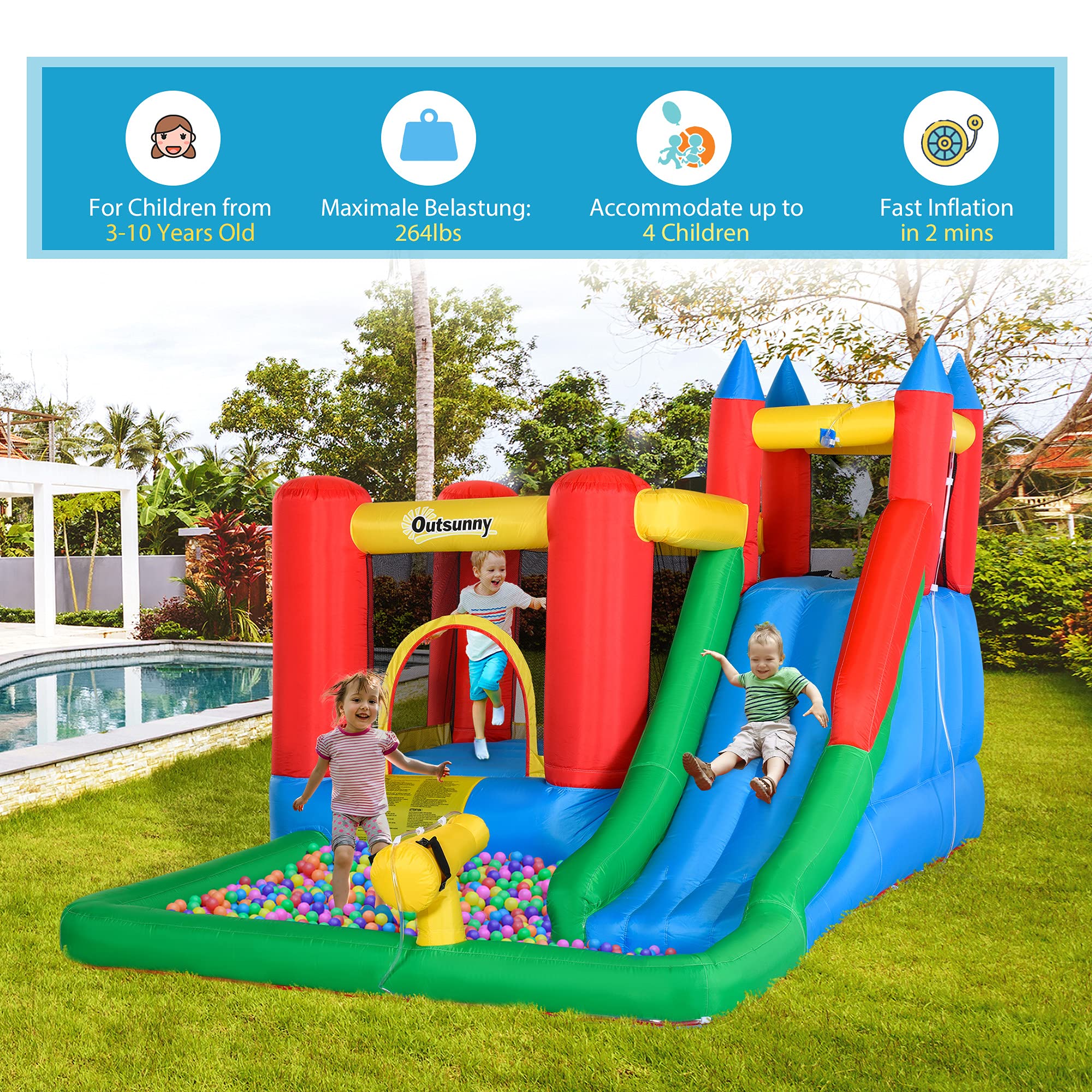 Outsunny 6-in-1 Inflatable Bounce House with Water Slide, Pool, Water Cannon & Climbing Wall - Kids Outdoor Water Play Toy for Backyard, Birthday Parties & Summer Fun - Includes Air Blower & Repair Kit