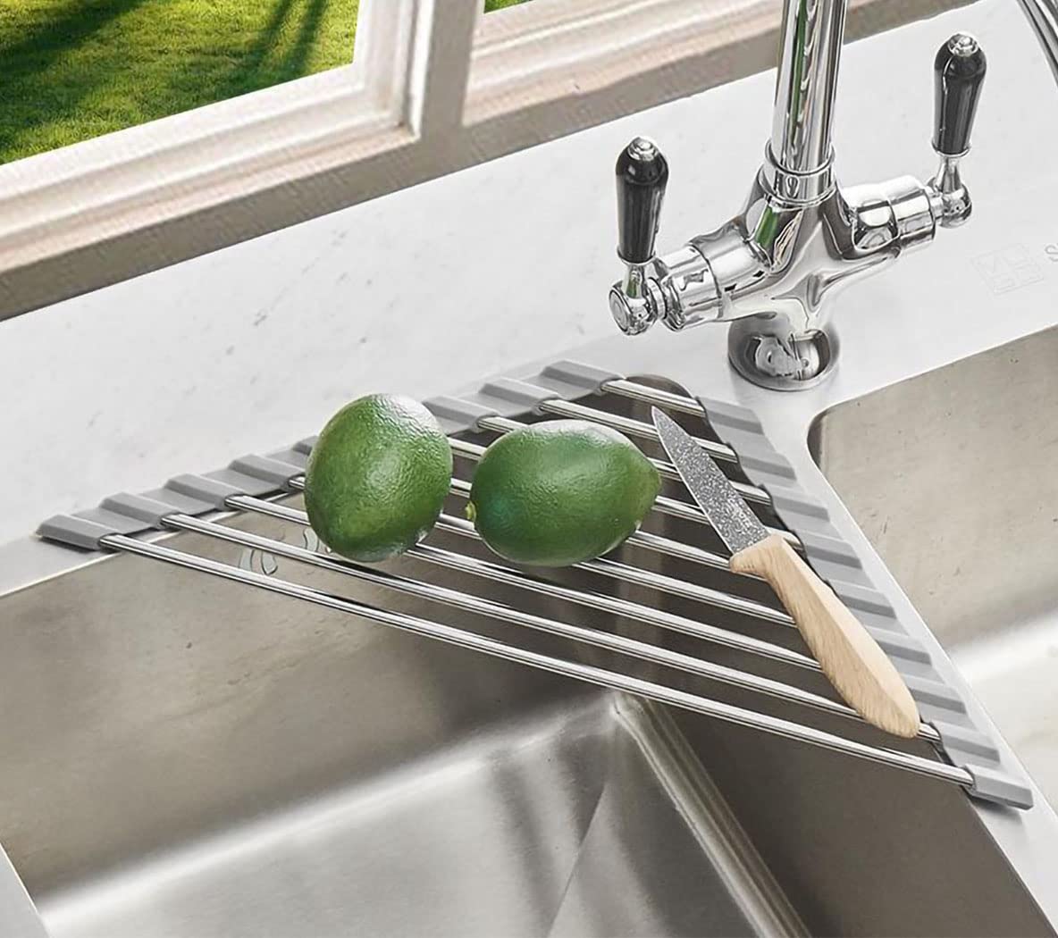 Premium SUS304 Stainless Steel Dish Drying Rack - Space Saving Over Sink Corner Dish Drainer, Kitchen Organizer & Sink Caddy for Countertop (Gray) - Perfect for Small Kitchens, Apartments & RV Living