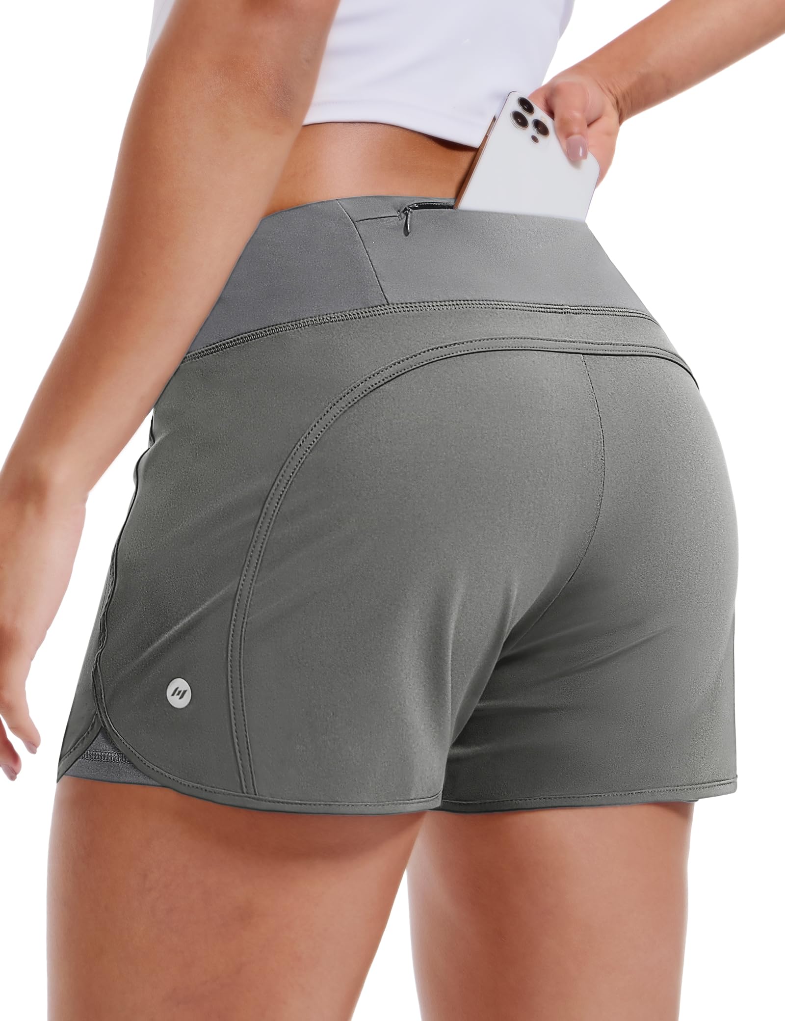 MIER Women's 2-in-1 Running Shorts - High Waisted Athletic Workout Shorts with Liner & Zipper Pocket - 3