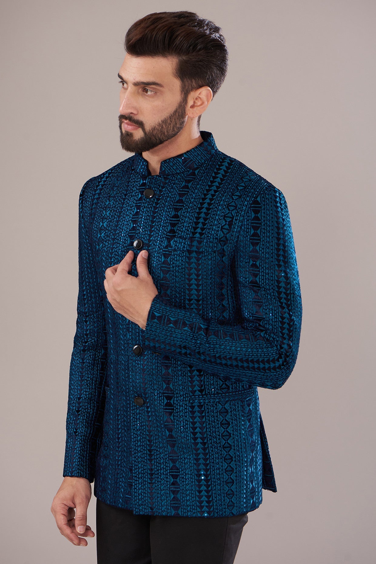 Midnight Blue Velvet Embroidered Bandhgala Jacket for Men - Elegant Indian Wedding Sherwani - Perfect for Grooms, Festivals & Special Occasions