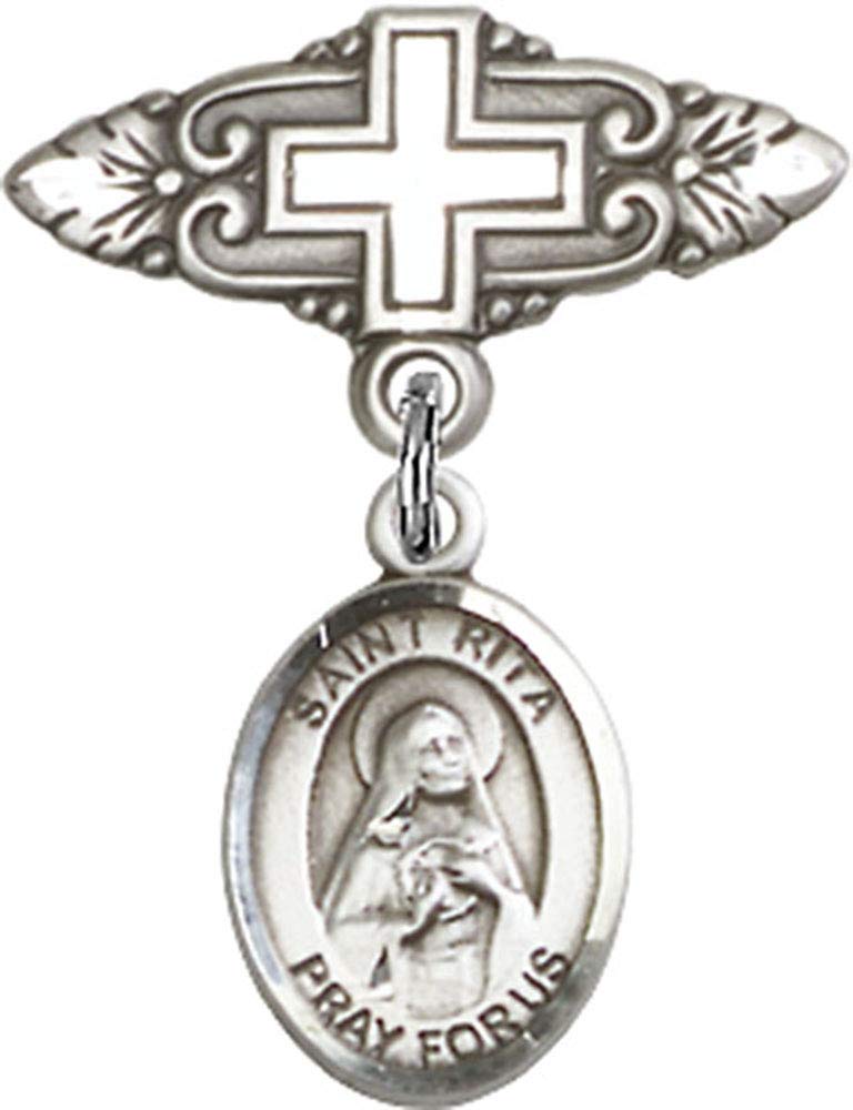 Sterling Silver St. Rita Baseball Charm Baby Badge Pin with Cross - Religious Jewelry for Christening, Baptism & First Communion Gifts - Handmade in USA