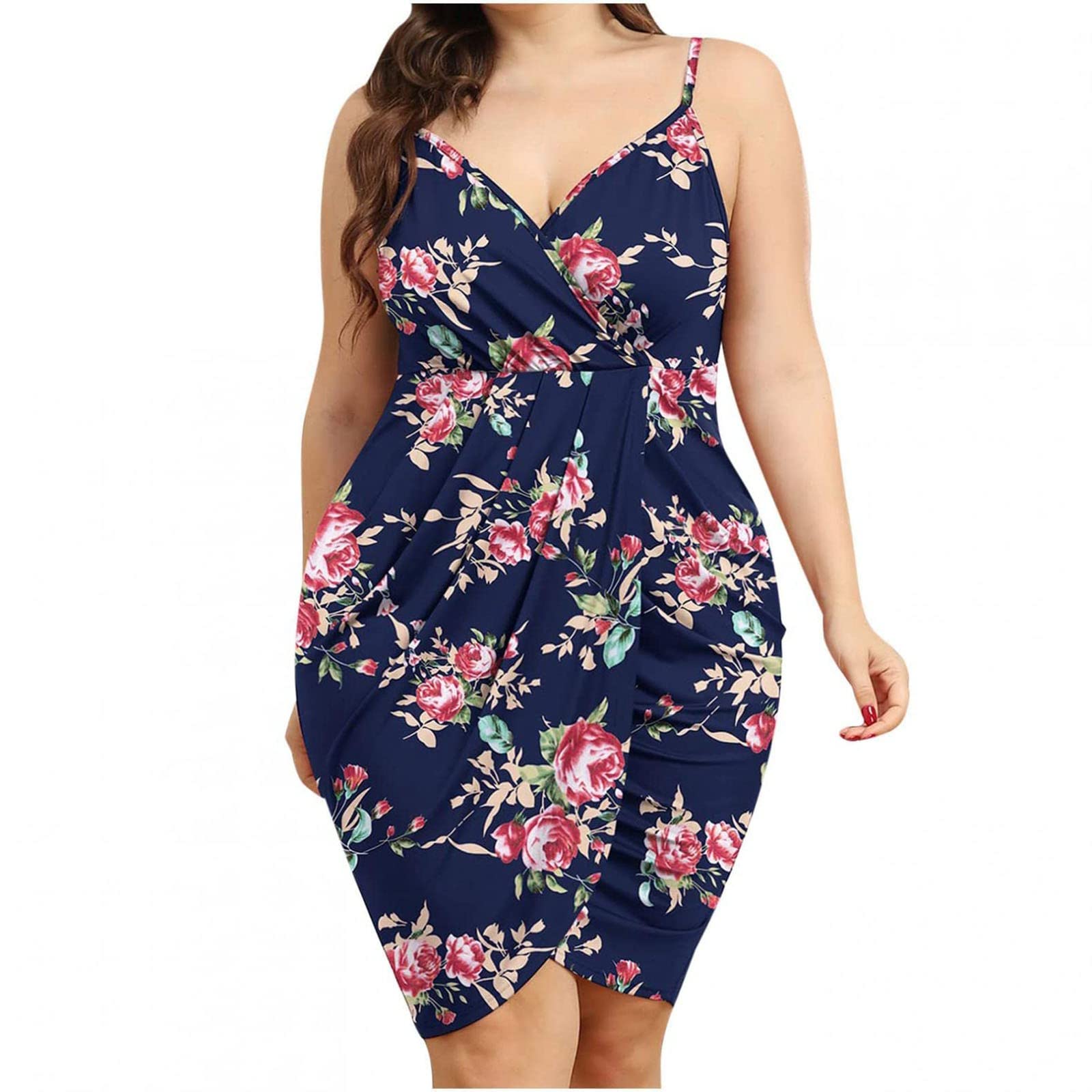 Plus Size Women's Floral Print Cross Strap V-Neck Summer Dress - High Waist A-Line Midi Dress for Beach, Vacation & Casual Wear (Multicolor, XXXXXL)