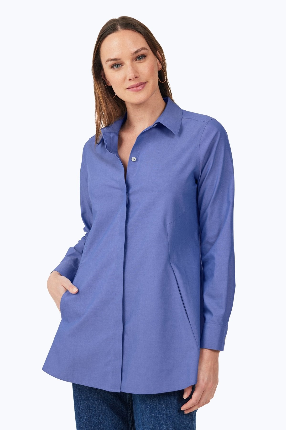 No Iron Pinpoint Long Sleeve Tunic for Women - Wrinkle-Free Office Blouse, Comfortable Business Casual Top for Work & Professional Wear