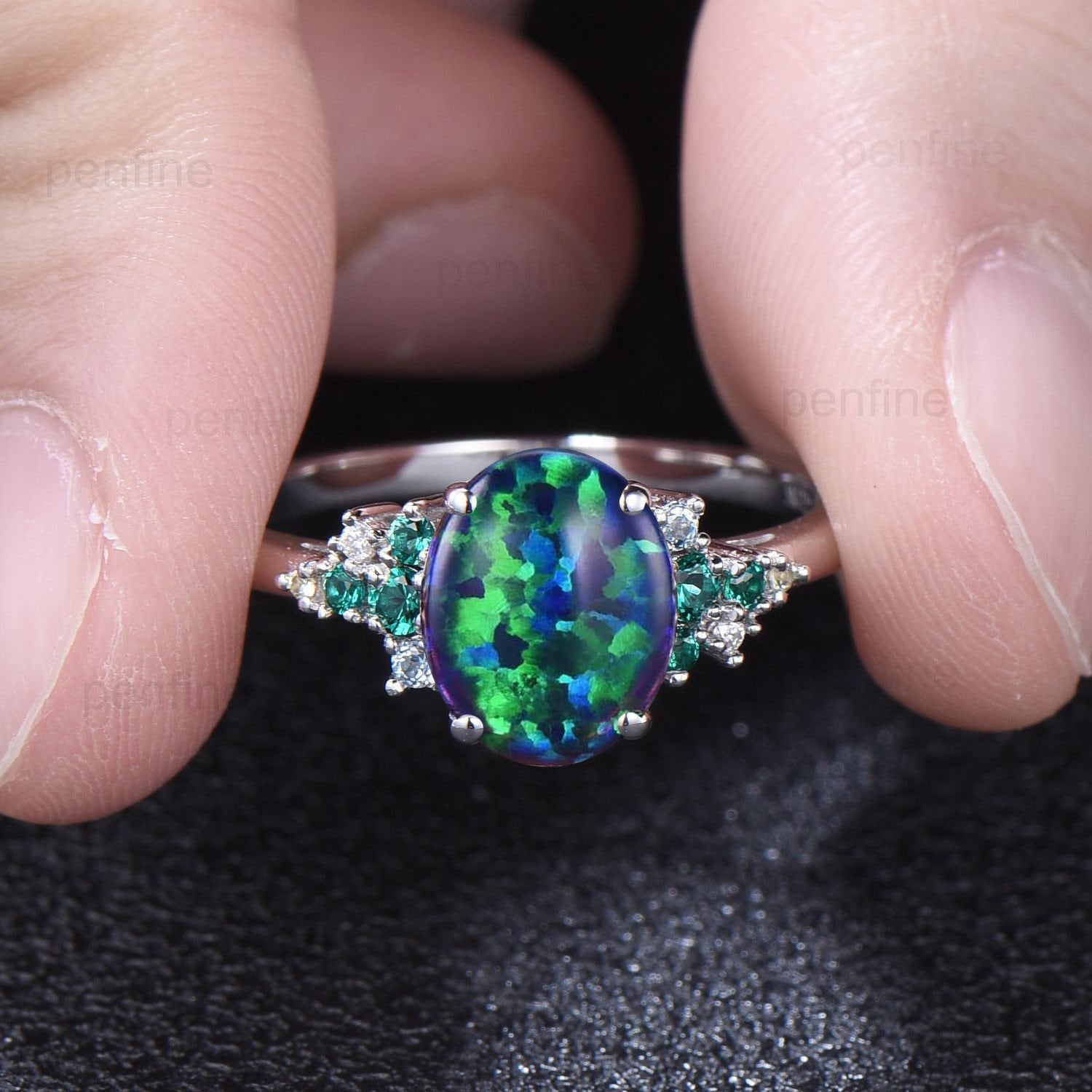2 Carat Oval Black Opal Engagement Ring - Vintage Unique Snowdrift Emerald Wedding Ring for Women, Multi Stone Topaz Peridot Anniversary Ring - Perfect for Proposals, Weddings & Special Occasions