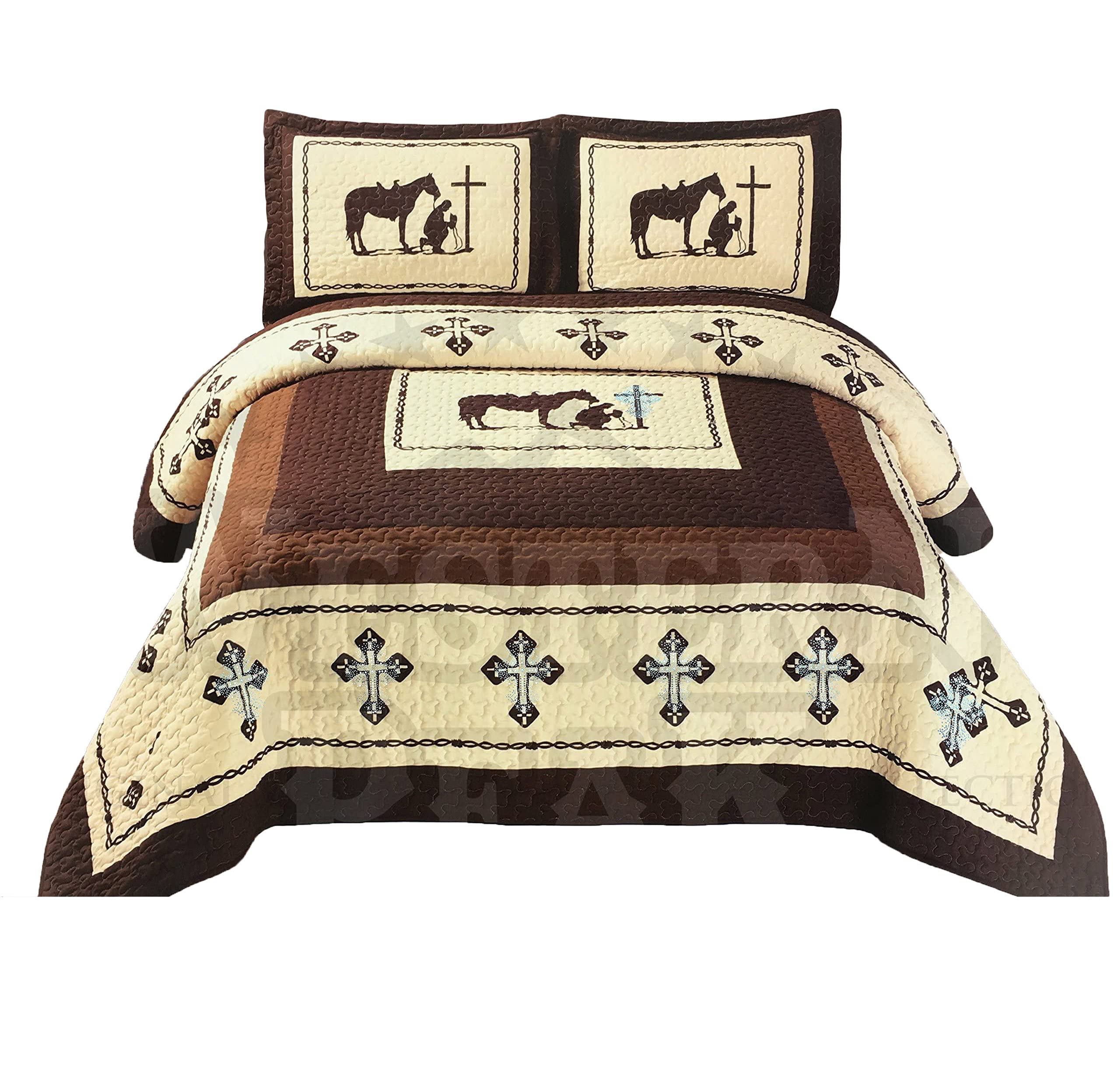 Western Peak 3-Piece Luxury Texas Cowboy Cross Quilt Set - King Size Beige Western Bedspread with Rhinestone Cross & Barbed Wire Design for Lodge & Cabin Decor - Perfect for Ranch, Farmhouse or Country Themed Bedrooms