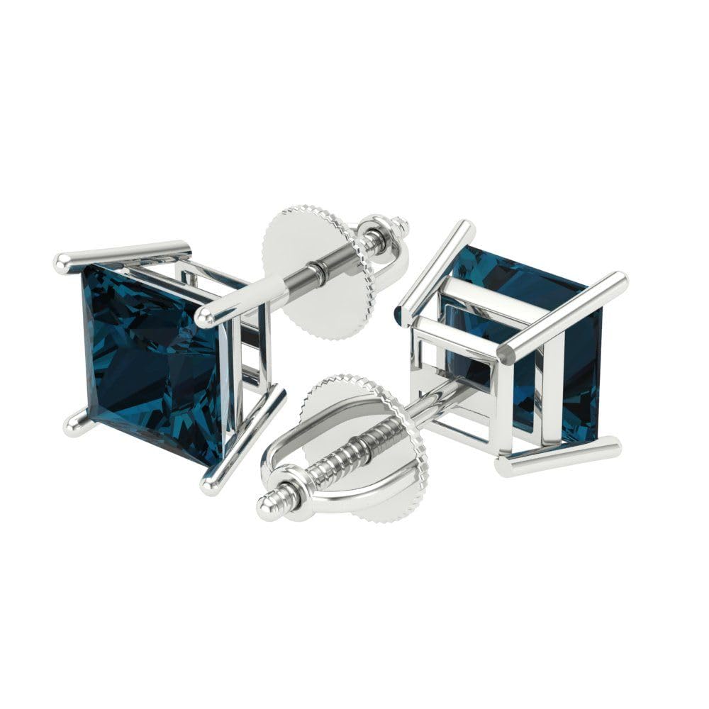 3.0 Carat Princess Cut Natural London Blue Topaz Stud Earrings in 14K White Gold - VVS1 Clarity, Screw Back Design - Perfect for Weddings, Anniversaries & Special Occasions