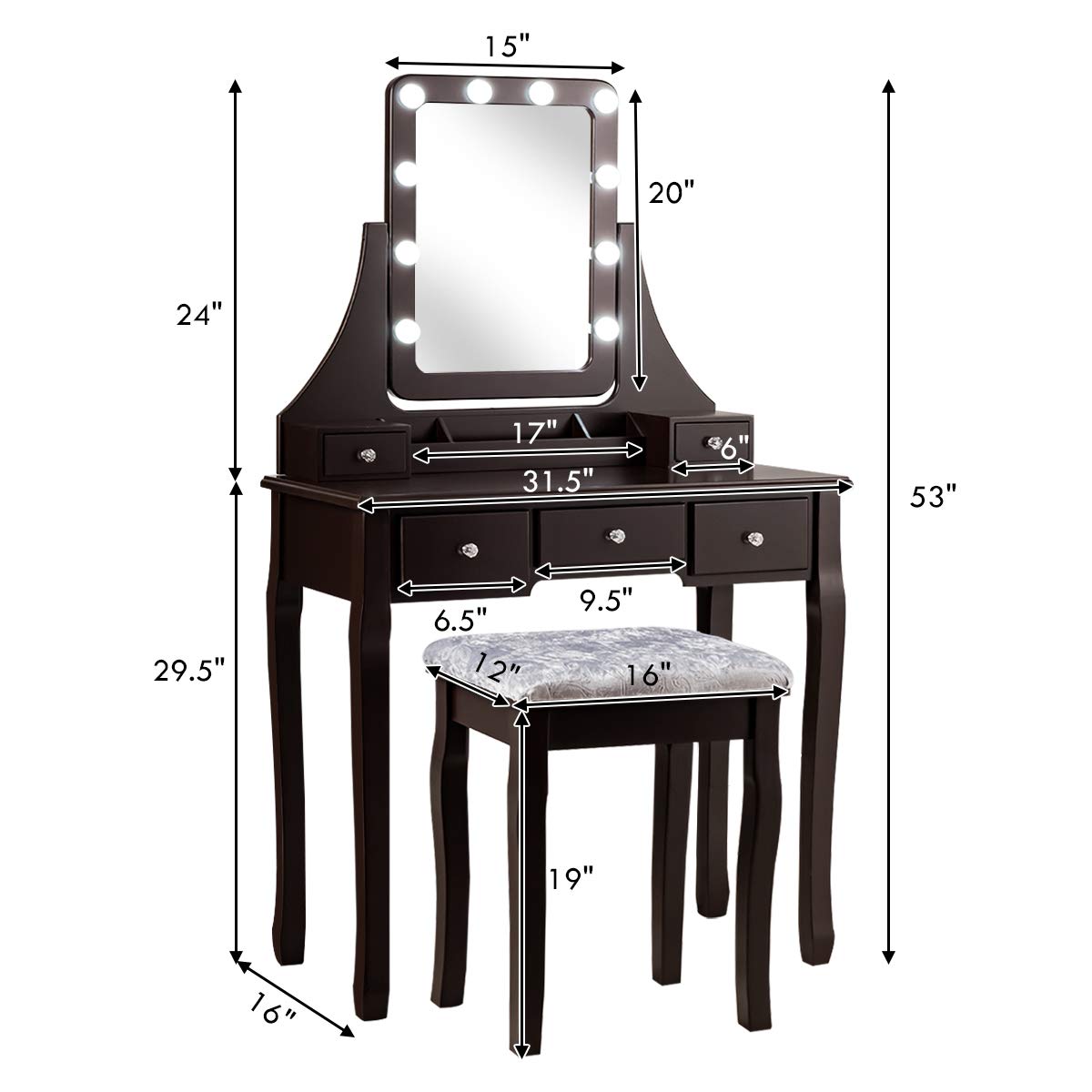 CHARMAID LED Vanity Makeup Desk Set with Lighted Mirror & Stool - 10 Dimmable Bulbs, 5 Drawers, 2 Dividers, 3 Organizers - Espresso Bedroom Dressing Table for Women & Teens | Perfect for Makeup, Skincare & Jewelry Organization