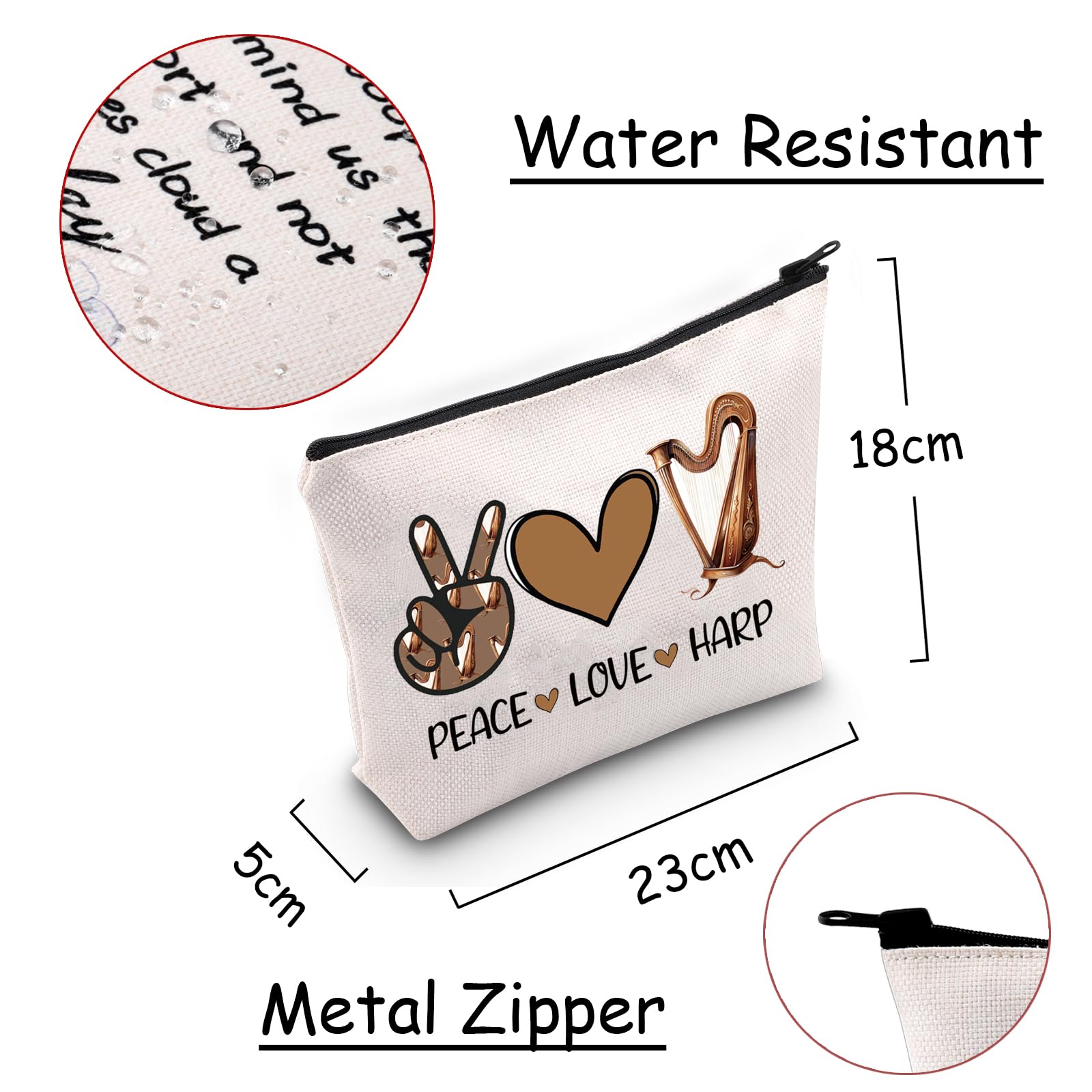 JXGZSO Harp-Themed Makeup Bag with Zipper - Perfect Musician Gift for Harp Lovers, Peace & Love Design Toiletry Pouch - Great for Travel, Cosmetics Storage & Music Festival Essentials