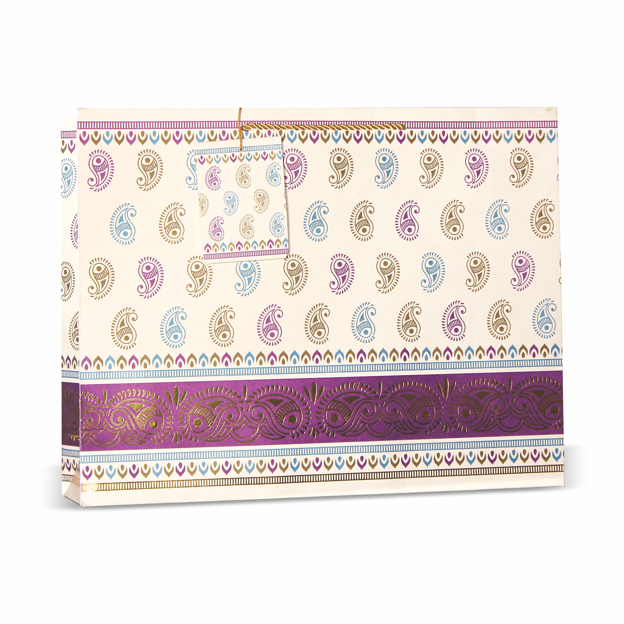 VESTTA Premium Extra Large Gift Bags 17x5x13 Inches - Elegant Paisley Gold Trim Matte Finish Wedding Party Favor Bags with Gift Tags (Purple, Pack of 5) - Perfect for Weddings, Diwali, Birthday Gifts & Corporate Events