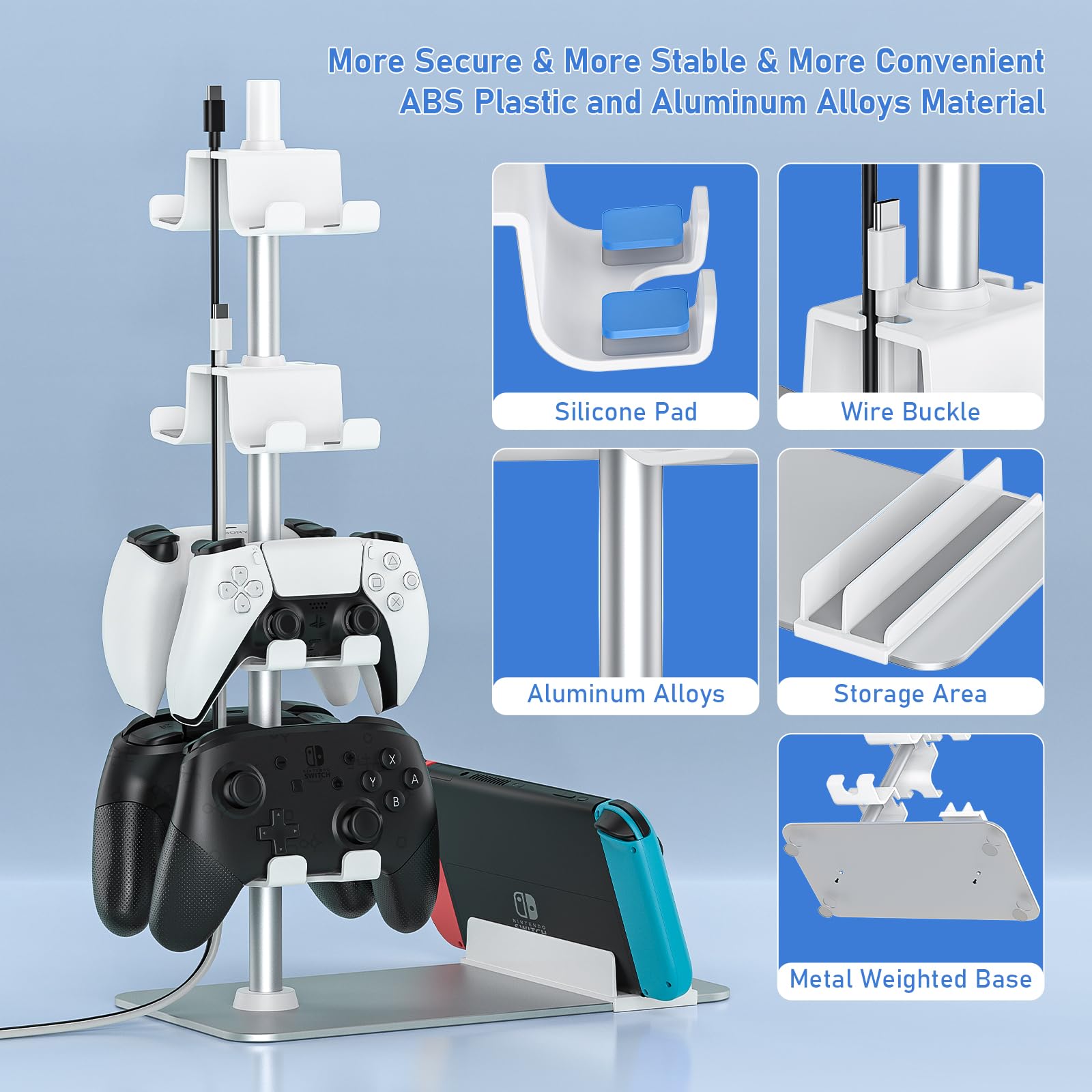 MANMUVIMO Controller Holder for Xbox PS5 PS4 Switch - 8 Gaming Controller Stand Desk Organizer with Headset/iPad/Mobile Phone Storage - Perfect Gaming Room Accessories & Gifts for Gamers (White) - Ideal for Game Room Setup, Desk Organization & Gamer Gifts