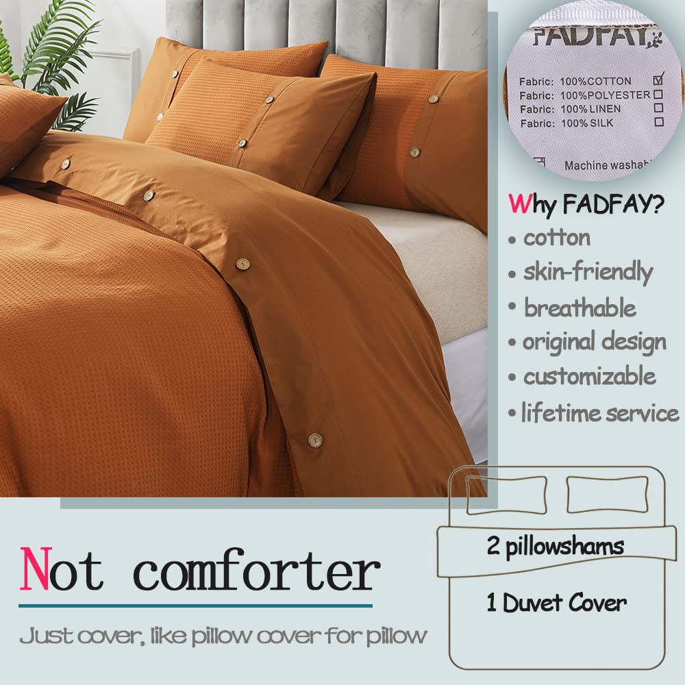 FADFAY Queen Size Burnt Orange Duvet Cover Set - 100% Cotton Waffle Weave Reversible Comforter Cover with Zipper Closure | Luxury Textured Terracotta Bedding | Soft, Breathable 3-Piece Set for All Seasons | Perfect for Master Bedroom, Guest Room & Cozy Home Decor