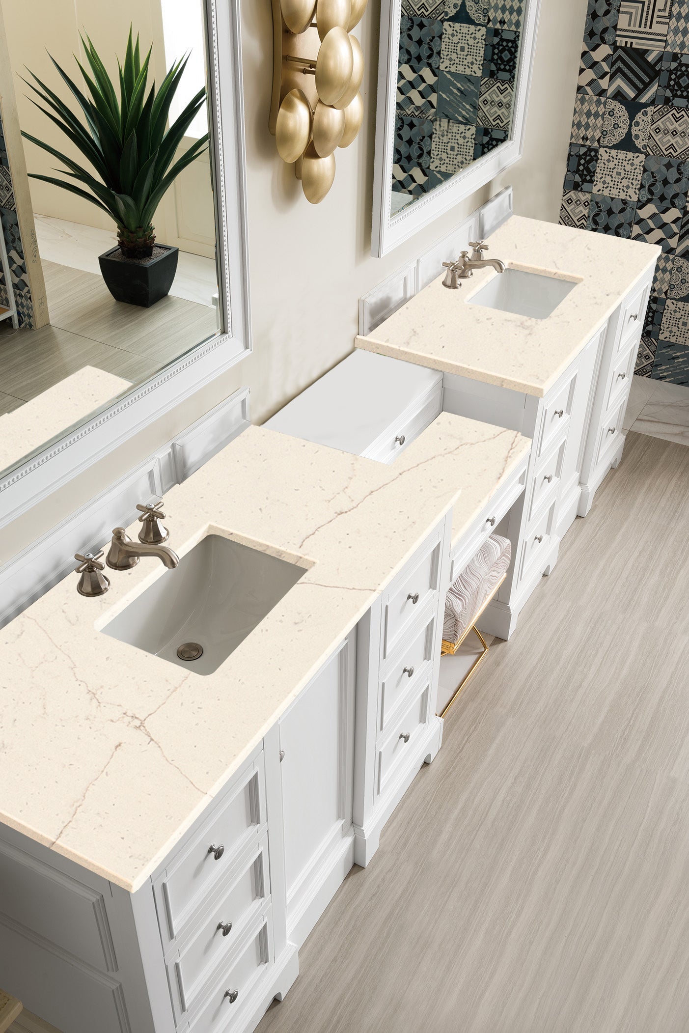 De Soto 118 Double Vanity Set with Makeup Table - Bright White Finish & 3CM Eternal Marfil Quartz Top - Perfect for Master Bathroom, Bedroom Dressing Area & Luxury Home Decor