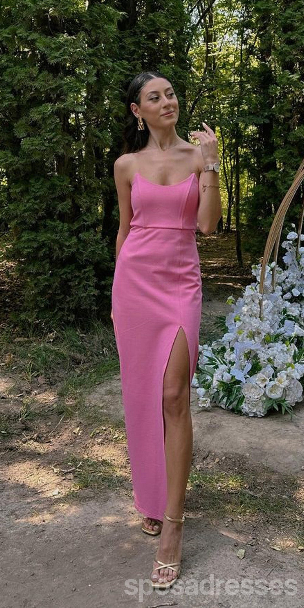 Elegant Pink Sheath Strapless Side Slit Long Prom Dress for Women - Formal Evening Gown for Party, Wedding & Special Occasions
