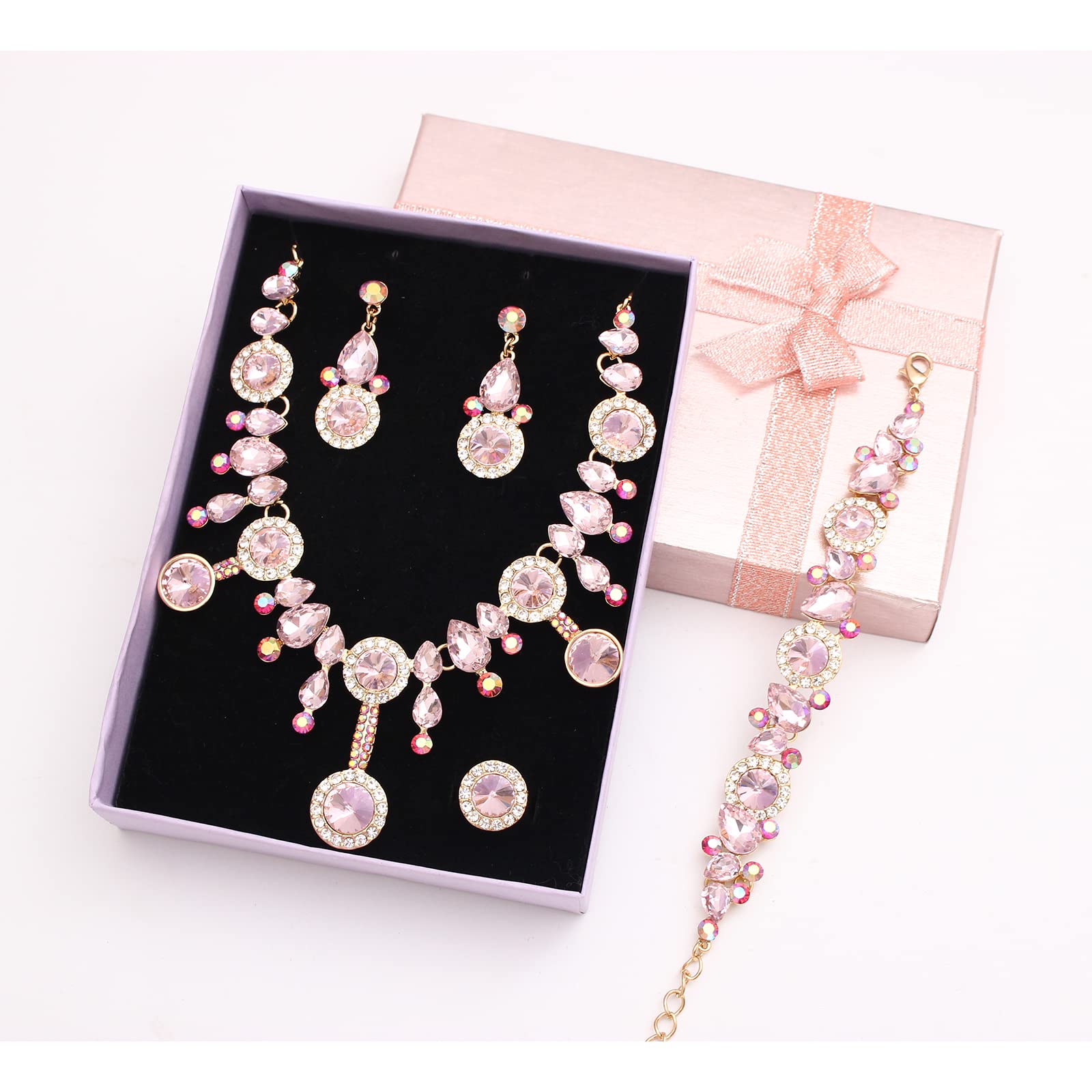 Elegant Rhinestone Crystal Teardrop Statement Necklace & Dangle Earrings Set for Women | Fashion Costume Jewelry Gift | Perfect for Parties, Weddings & Evening Events
